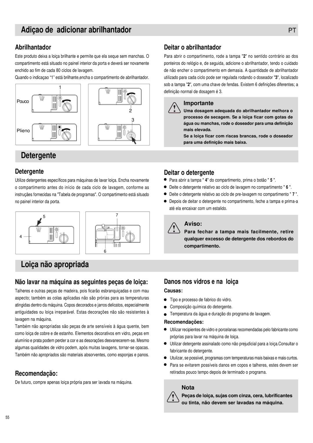 Haier DW12-PFE1 ME, DW12-PFE1 S manual Adiçao de adicionar abrilhantador, Loiça não apropriada 