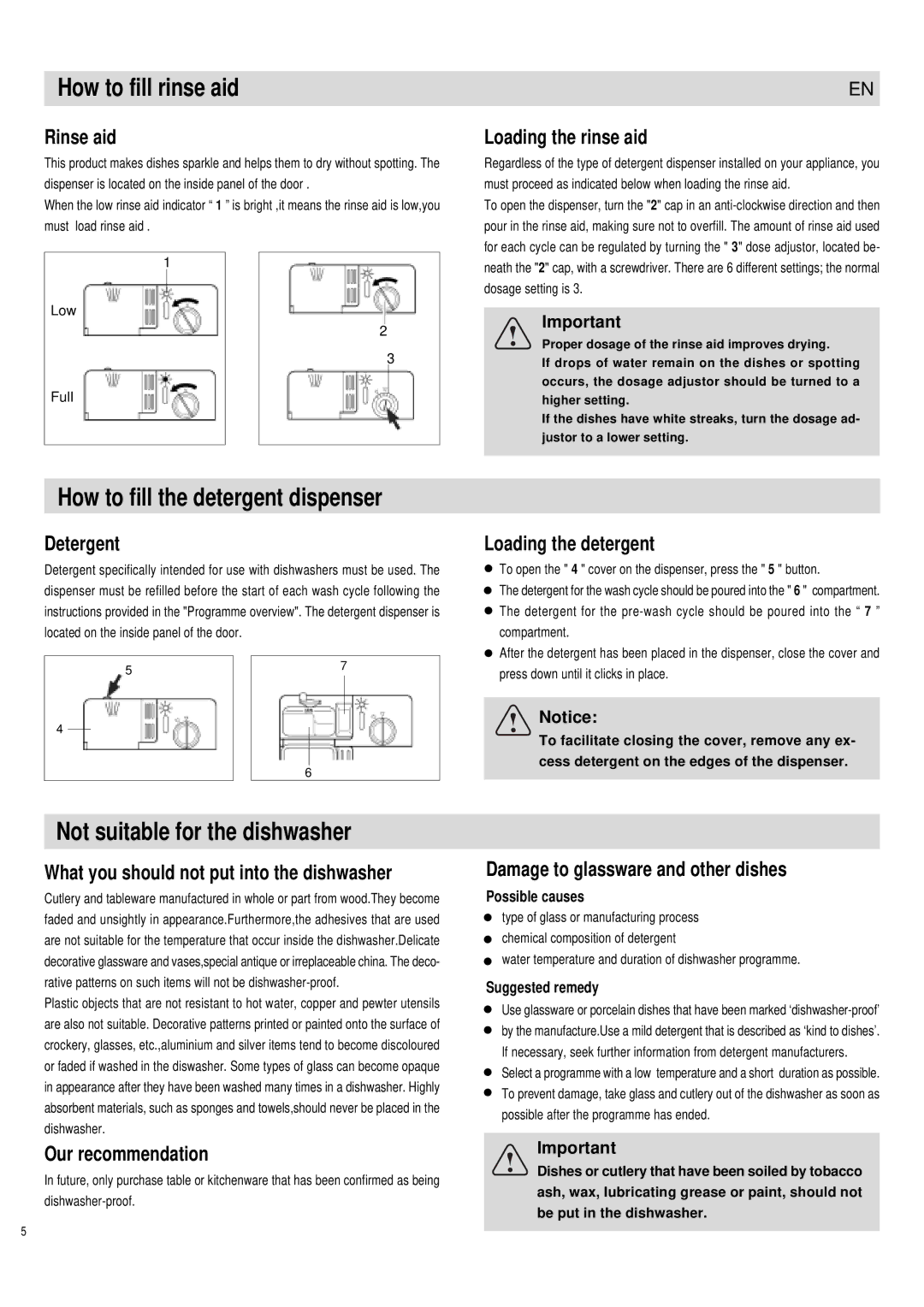 Haier DW12-PFE1 ME manual How to fill rinse aid, How to fill the detergent dispenser, Not suitable for the dishwasher 