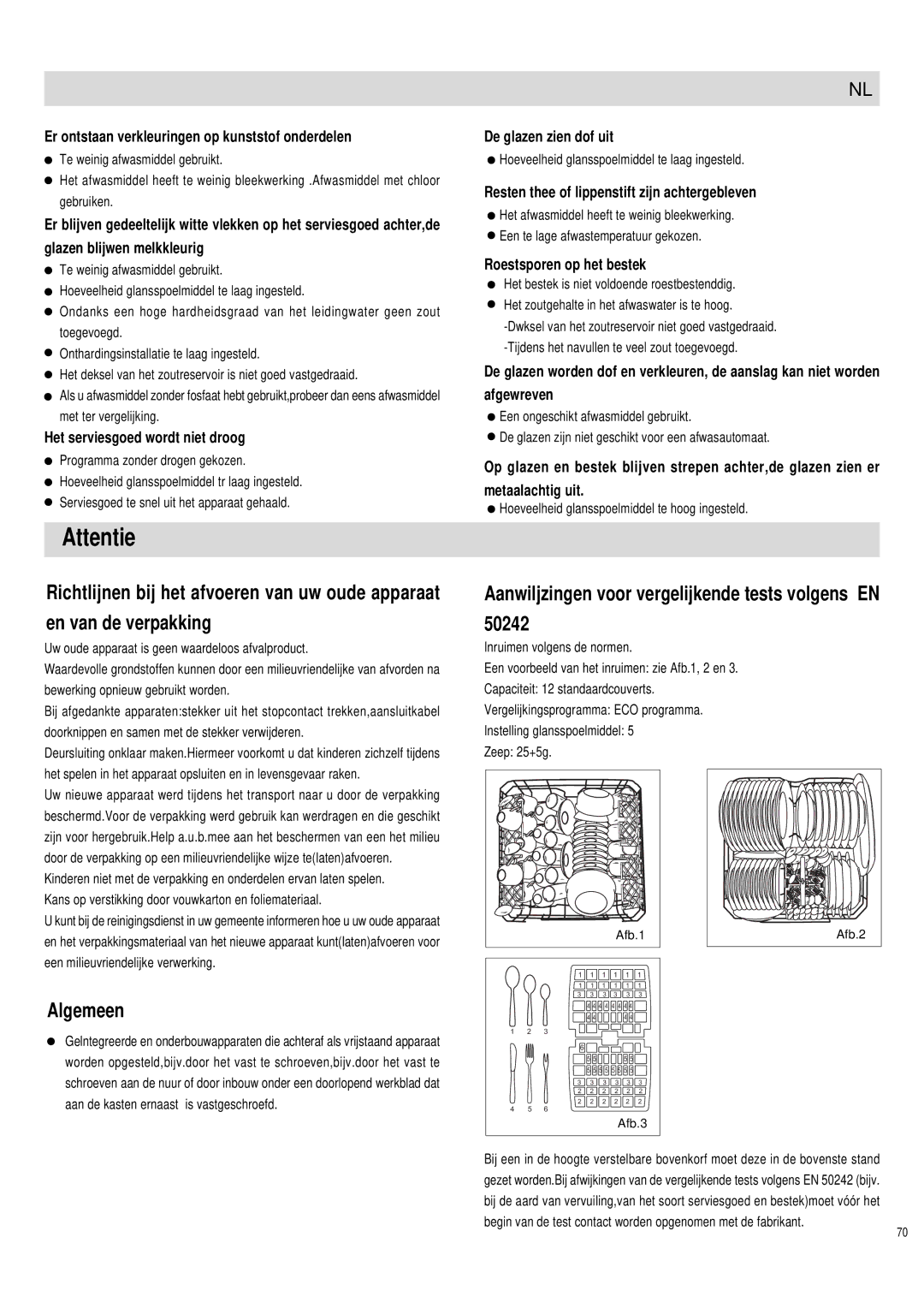 Haier DW12-PFE1 S manual Attentie, En van de verpakking, Algemeen, Aanwiljzingen voor vergelijkende tests volgens EN 