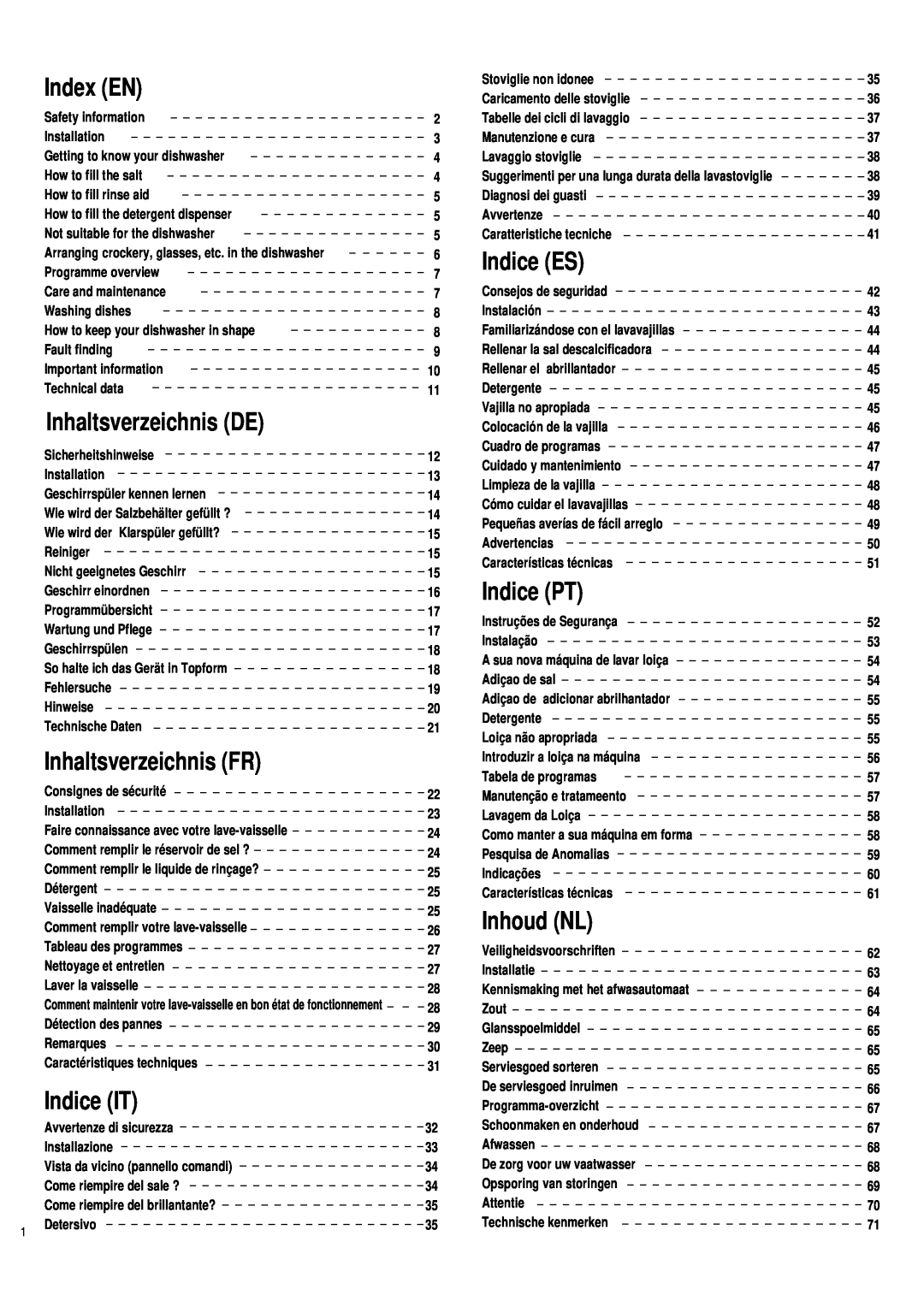 Haier DW12-PFE1 ME Index EN, Inhaltsverzeichnis DE, Indice PT, Inhaltsverzeichnis FR, Indice IT, Inhoud NL, Indice ES 