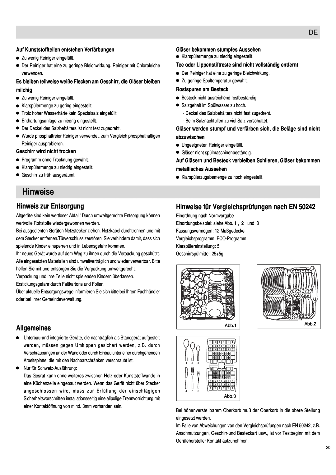 Haier DW12-PFE1 S, DW12-PFE1 ME manual Hinweis zur Entsorgung, Allgemeines, Hinweise für Vergleichsprüfungen nach EN 