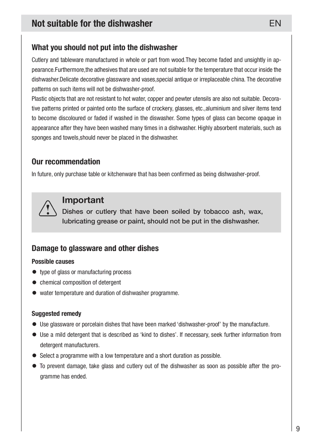 Haier DW12-PFE2-E manual Not suitable for the dishwasher, What you should not put into the dishwasher, Our recommendation 