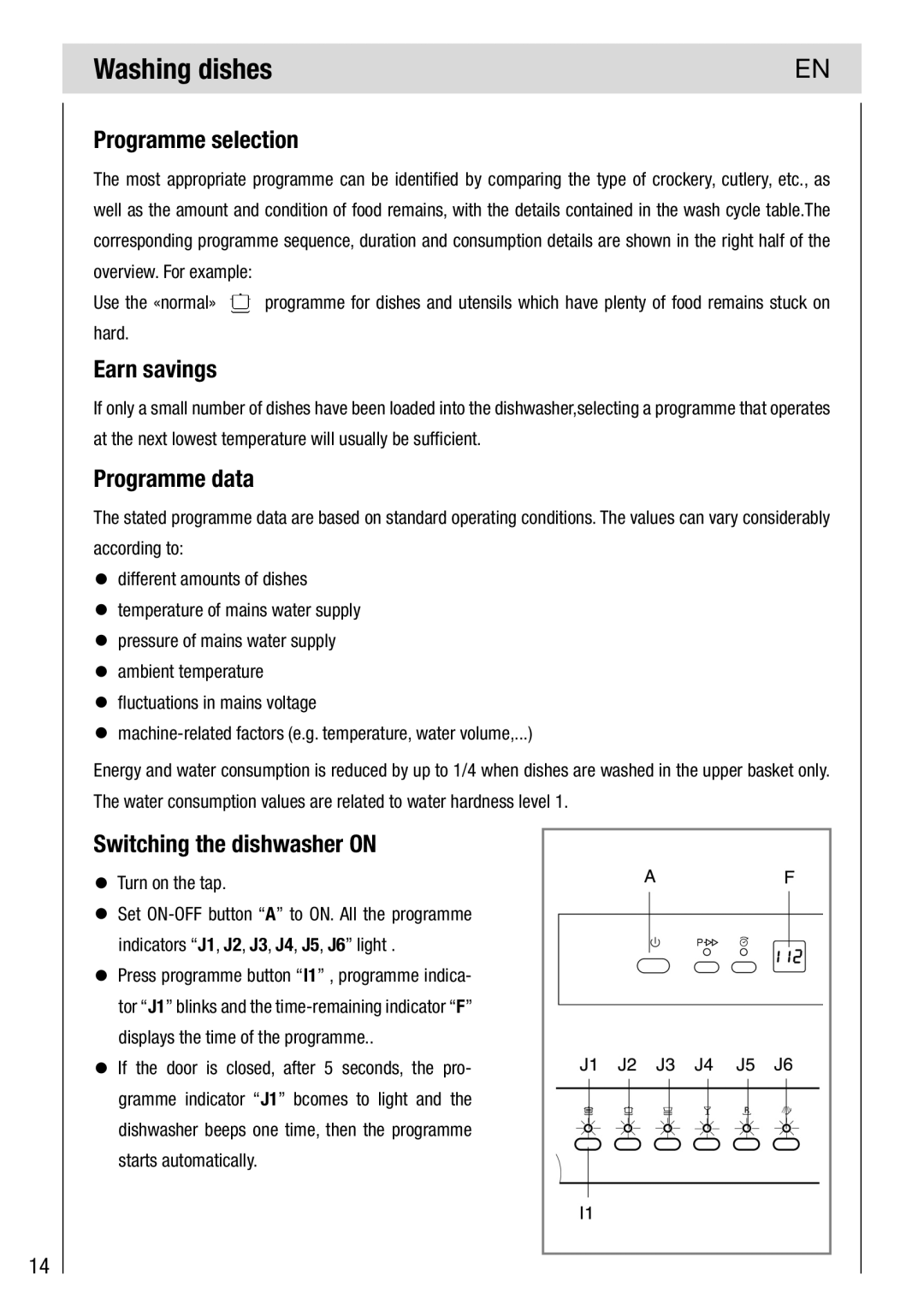 Haier DW12-PFE2-E manual Washing dishes, Programme selection, Earn savings, Programme data, Switching the dishwasher on 