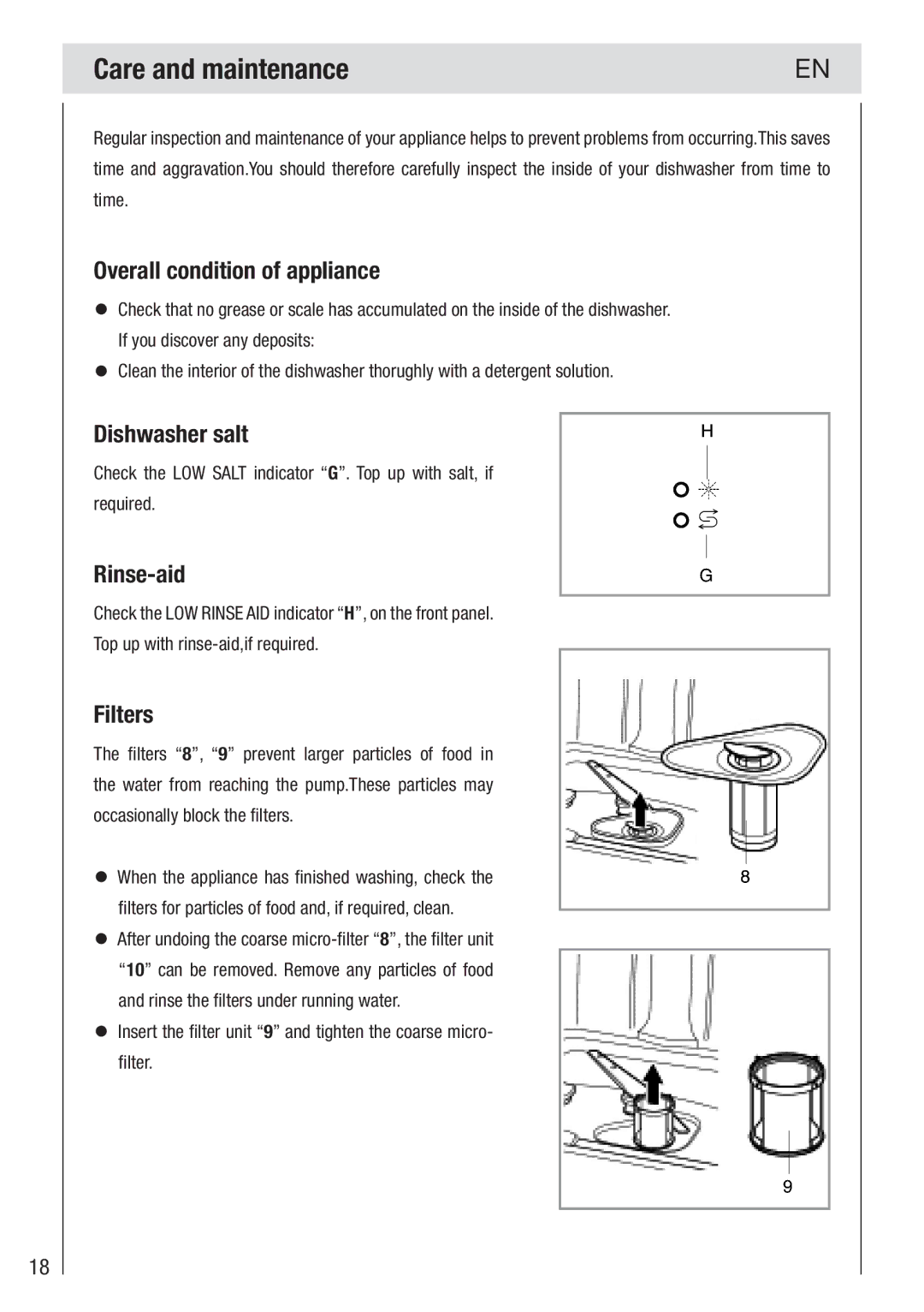 Haier DW12-PFE2-E manual Care and maintenance, Overall condition of appliance, Dishwasher salt, Rinse-aid, Filters 