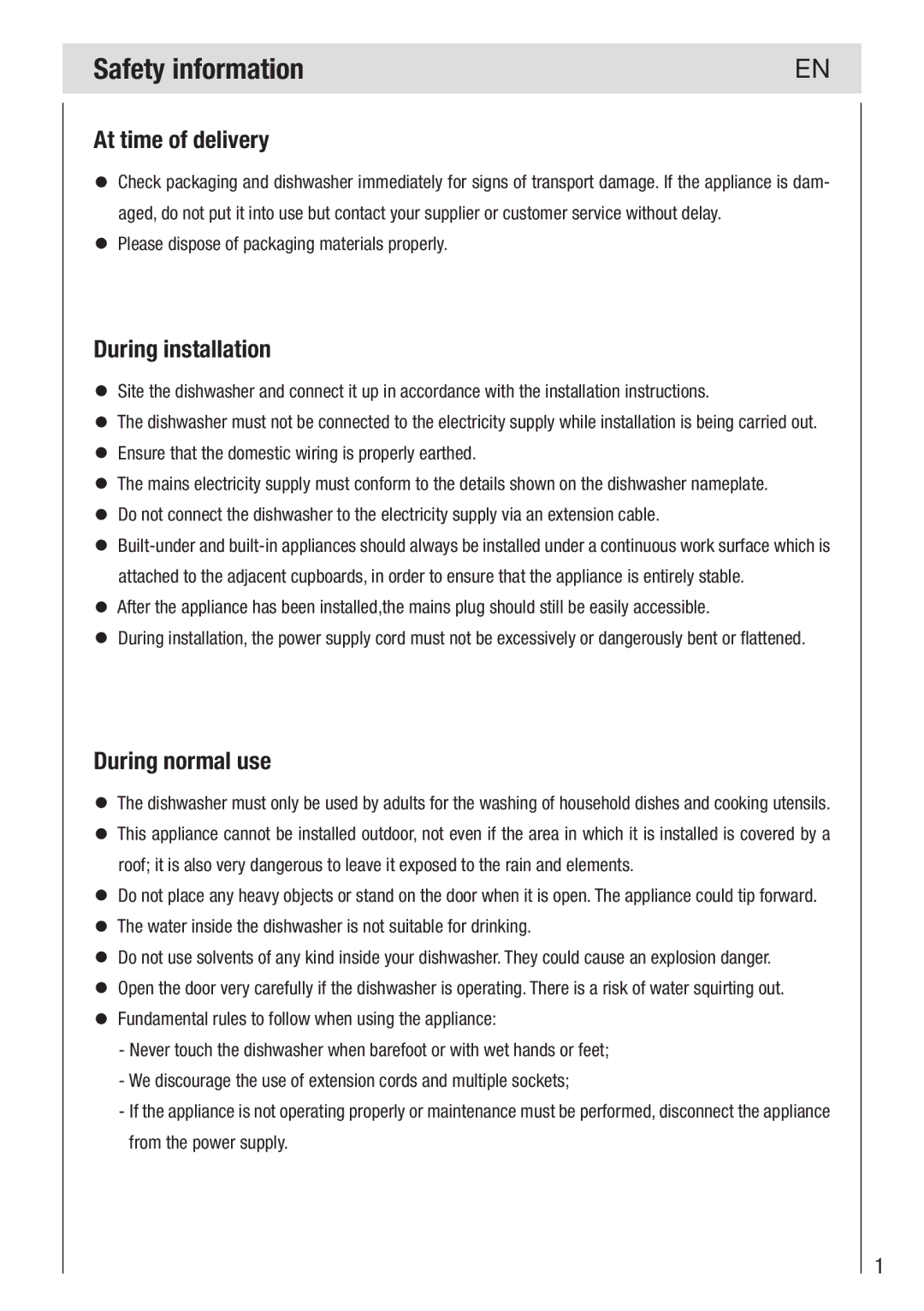 Haier DW12-PFE2-E manual Safety information, At time of delivery, During installation, During normal use 