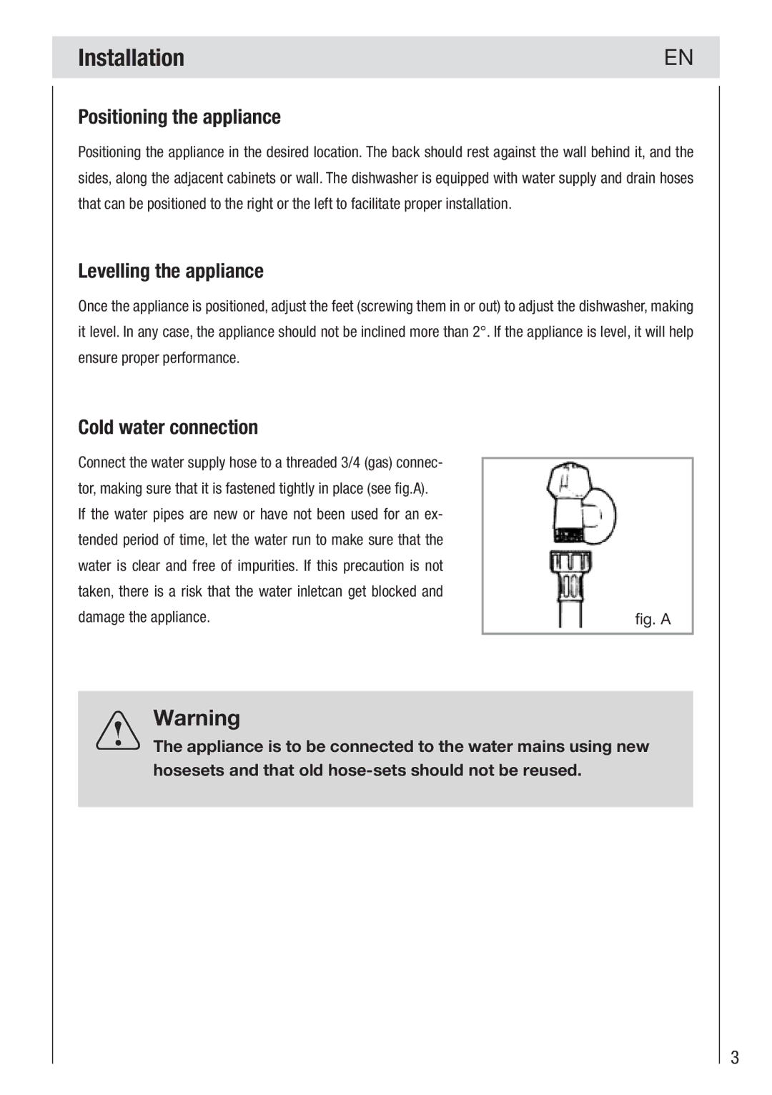 Haier DW12-PFE2-E manual Installation, Positioning the appliance, Levelling the appliance, Cold water connection 