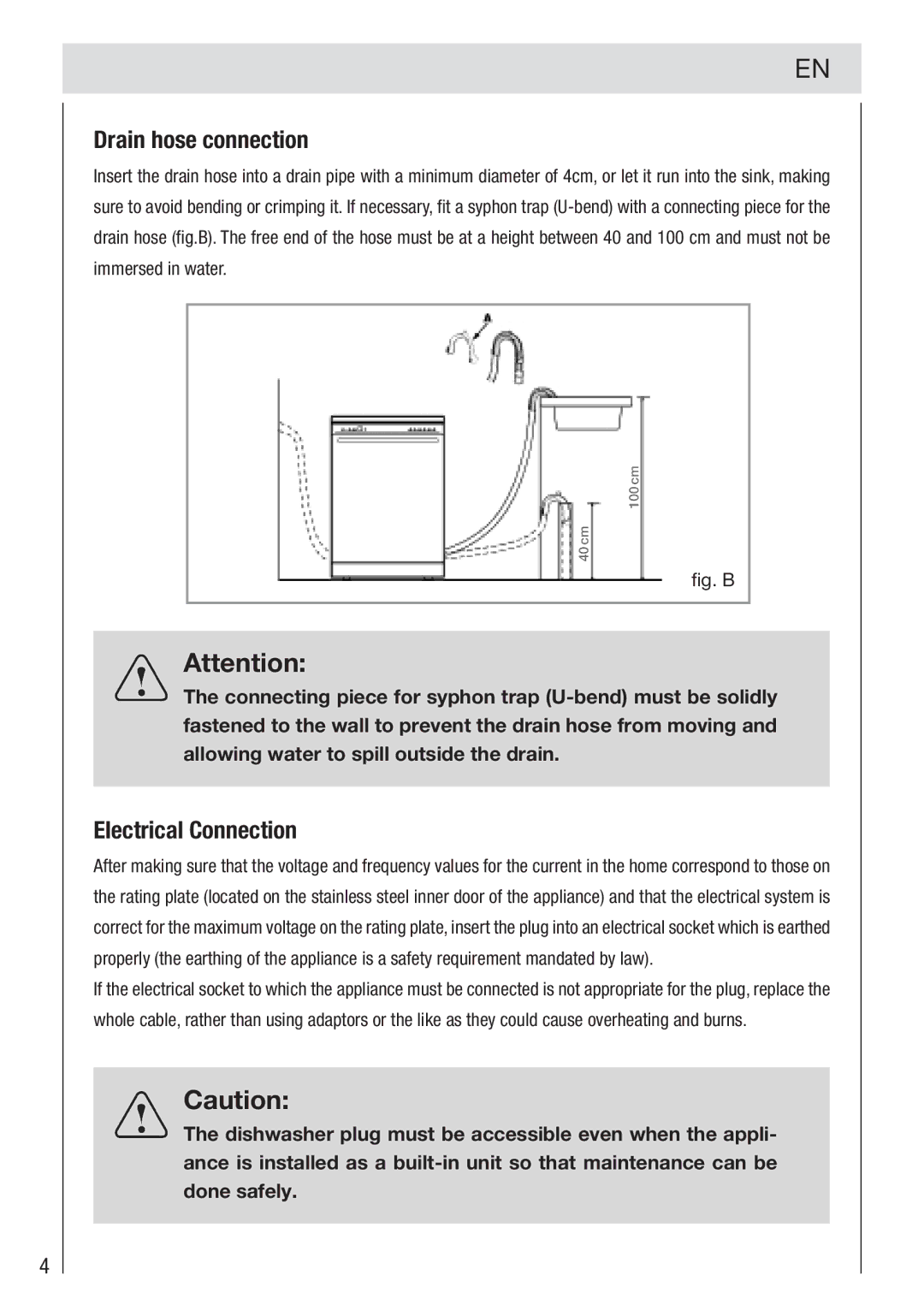 Haier DW12-PFE2-E manual Drain hose connection, Electrical Connection 