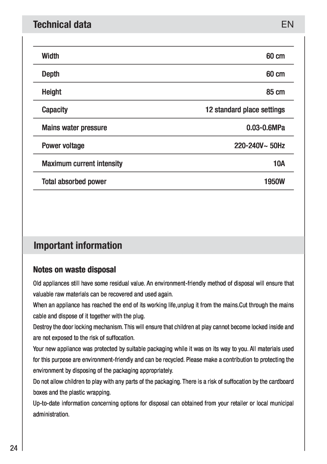 Haier DW12-PFE2-E manual Technical data, Important information, Notes on waste disposal 