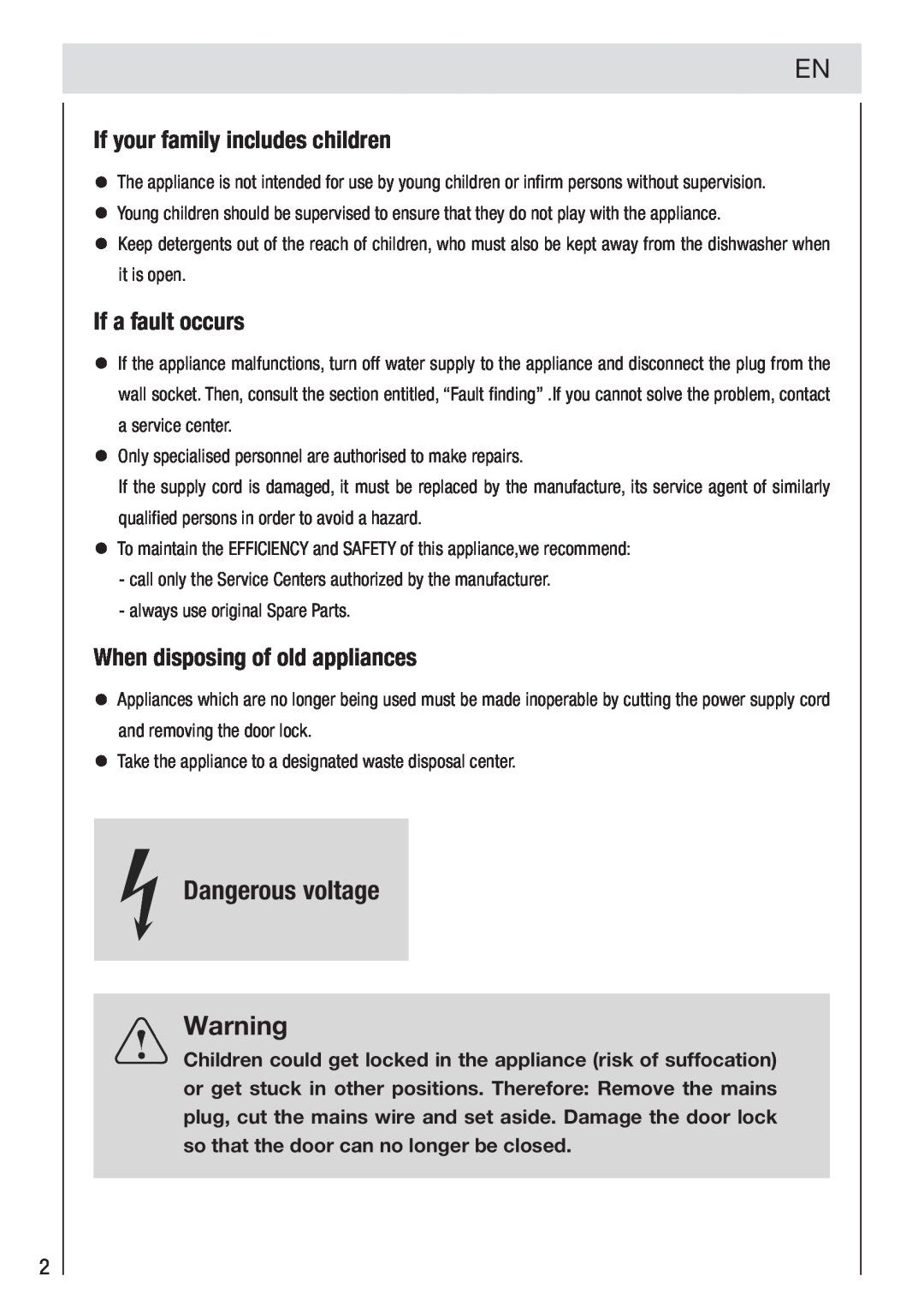 Haier DW12-PFE2-E Dangerous voltage, If your family includes children, If a fault occurs, When disposing of old appliances 