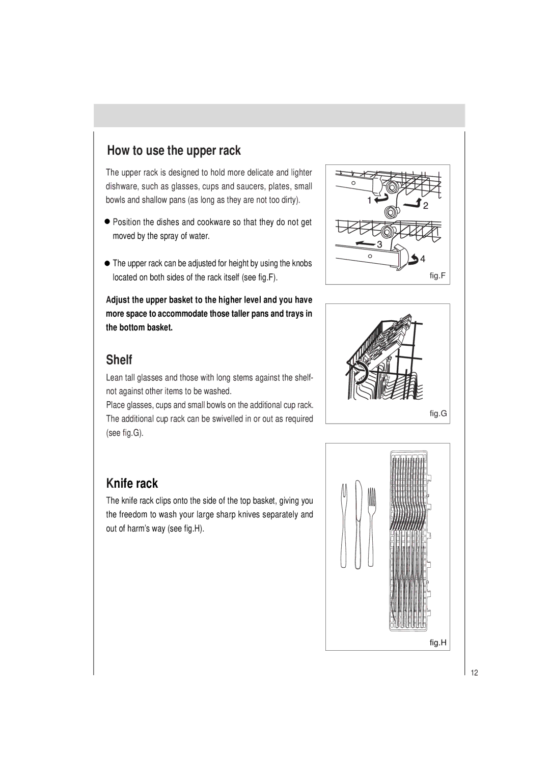 Haier DW12-PFE2 ME manual How to use the upper rack, Shelf, Knife rack 