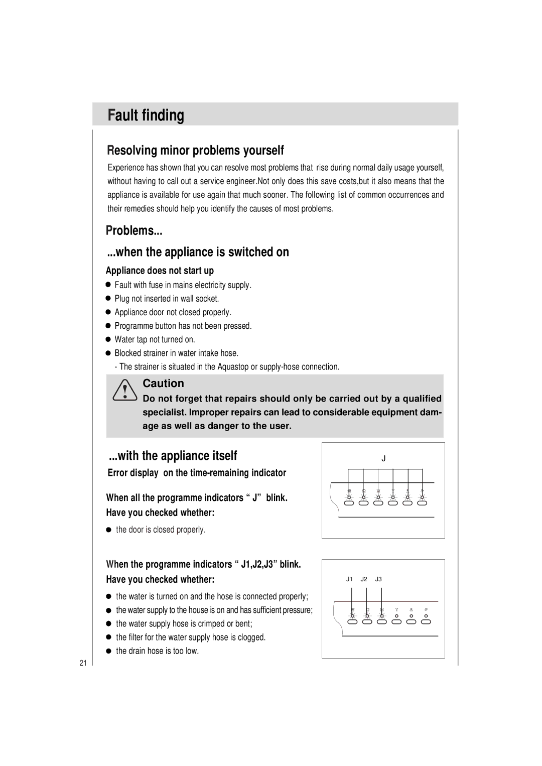 Haier DW12-PFE2 ME manual Fault finding, Resolving minor problems yourself, Problems When the appliance is switched on 