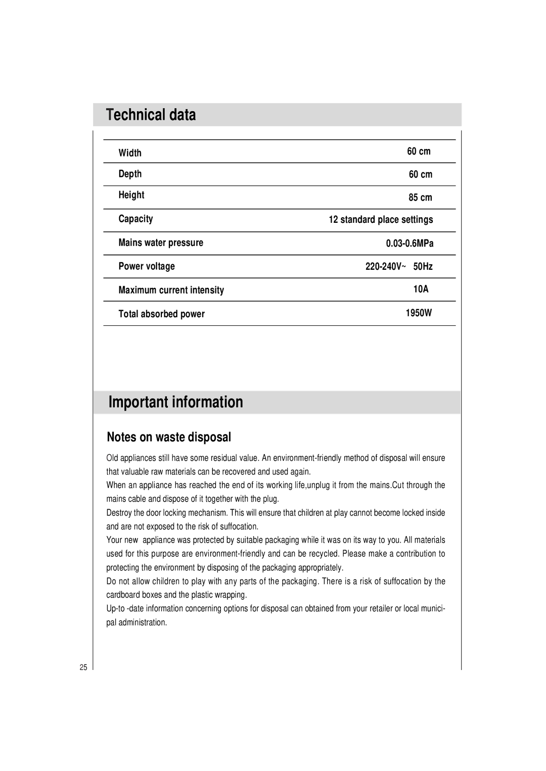 Haier DW12-PFE2 ME manual Technical data, Important information, Width 60 cm Depth Height 85 cm Capacity 