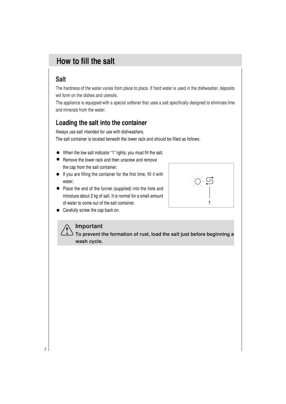 Haier DW12-PFE2 ME manual How to fill the salt, Salt, Loading the salt into the container 