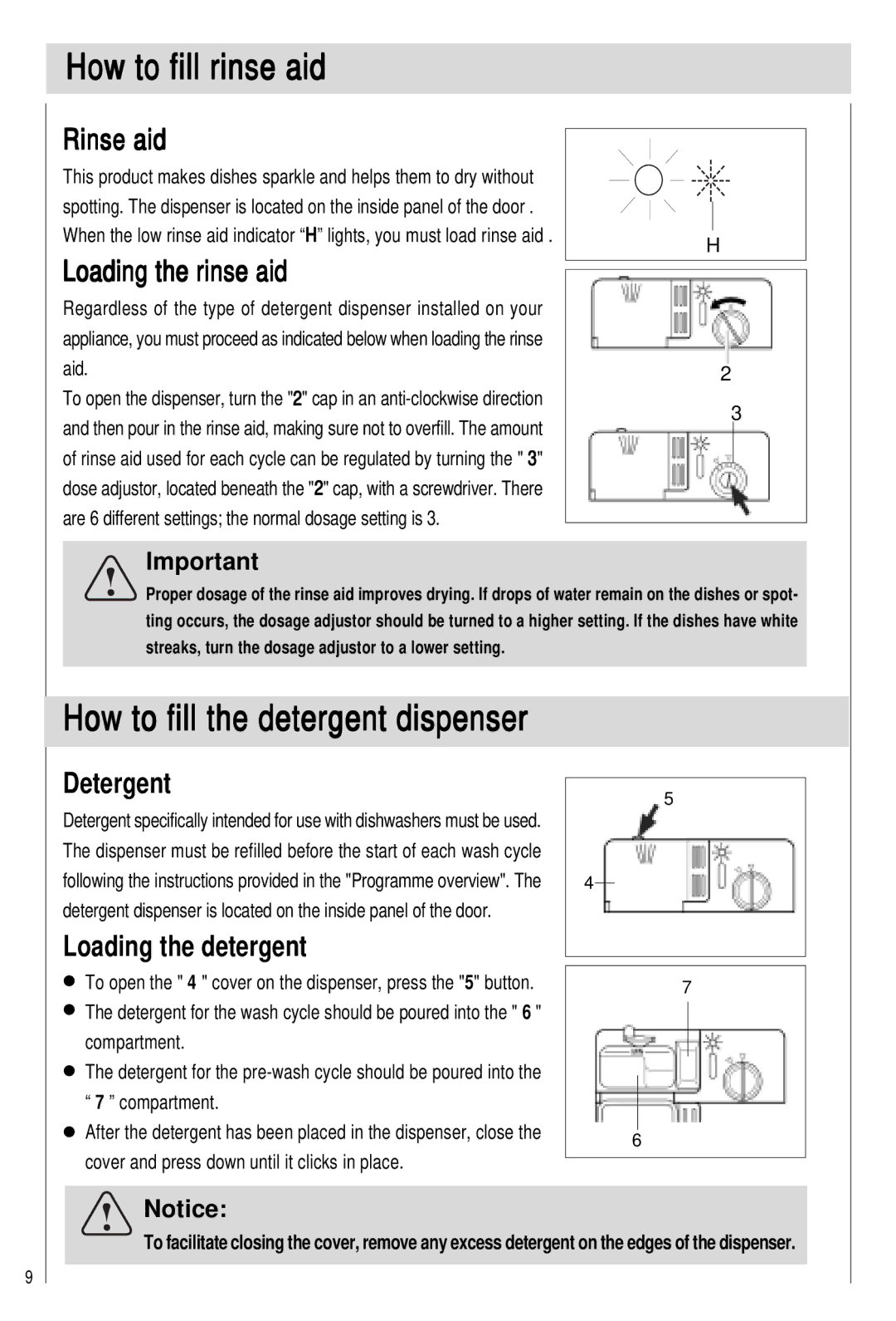 Haier DW12-PFE2-U, DW12-PFE2ME-U manual How to fill rinse aid, How to fill the detergent dispenser 