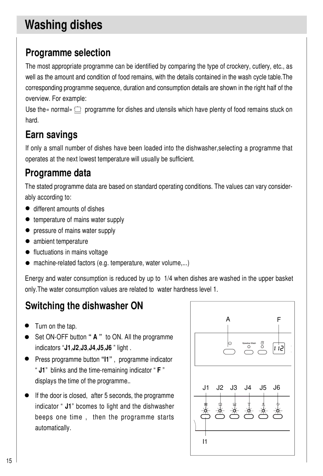 Haier DW12-PFE2-U manual Washing dishes, Programme selection, Earn savings, Programme data, Switching the dishwasher on 