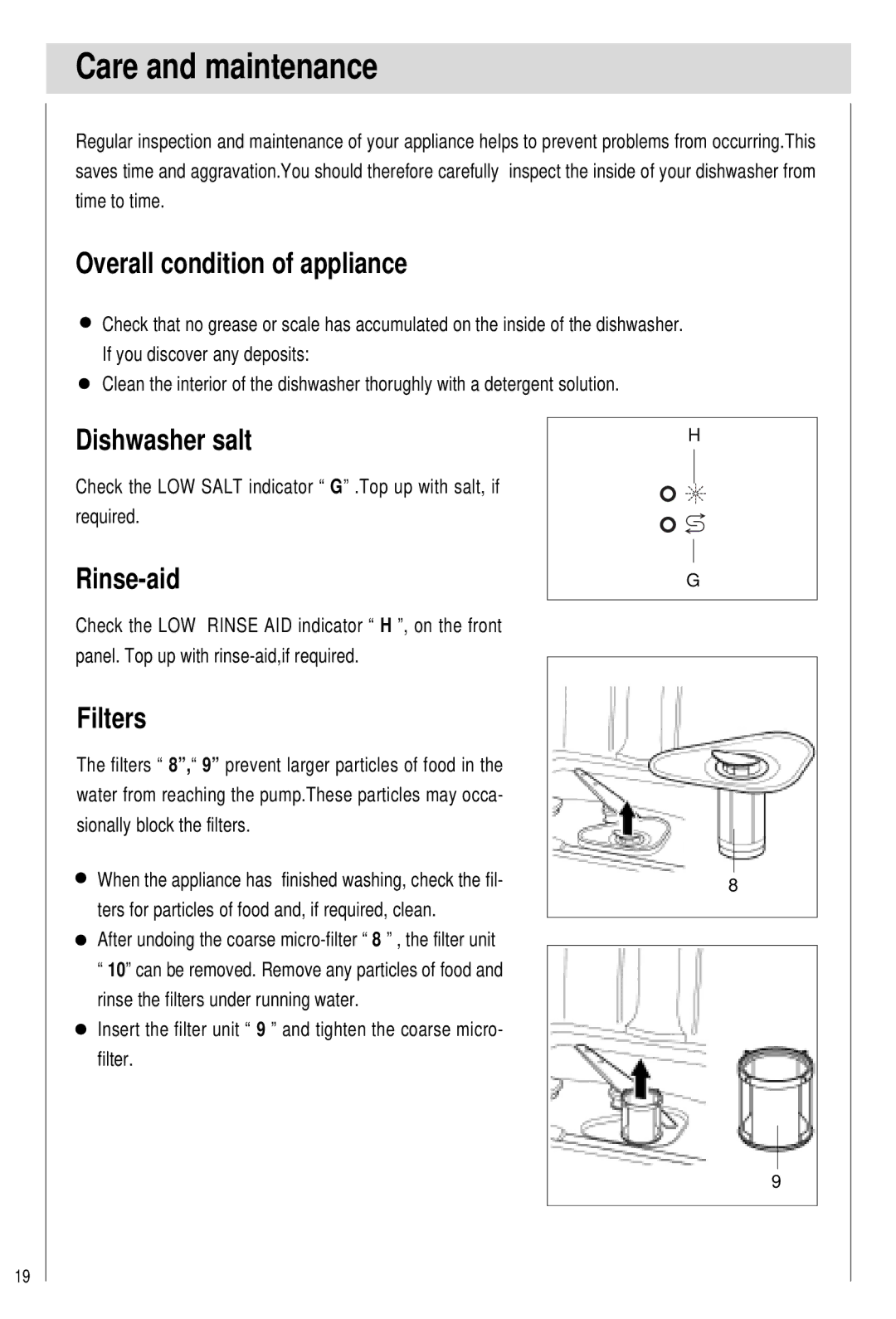 Haier DW12-PFE2-U, DW12-PFE2ME-U Care and maintenance, Overall condition of appliance, Dishwasher salt, Rinse-aid, Filters 