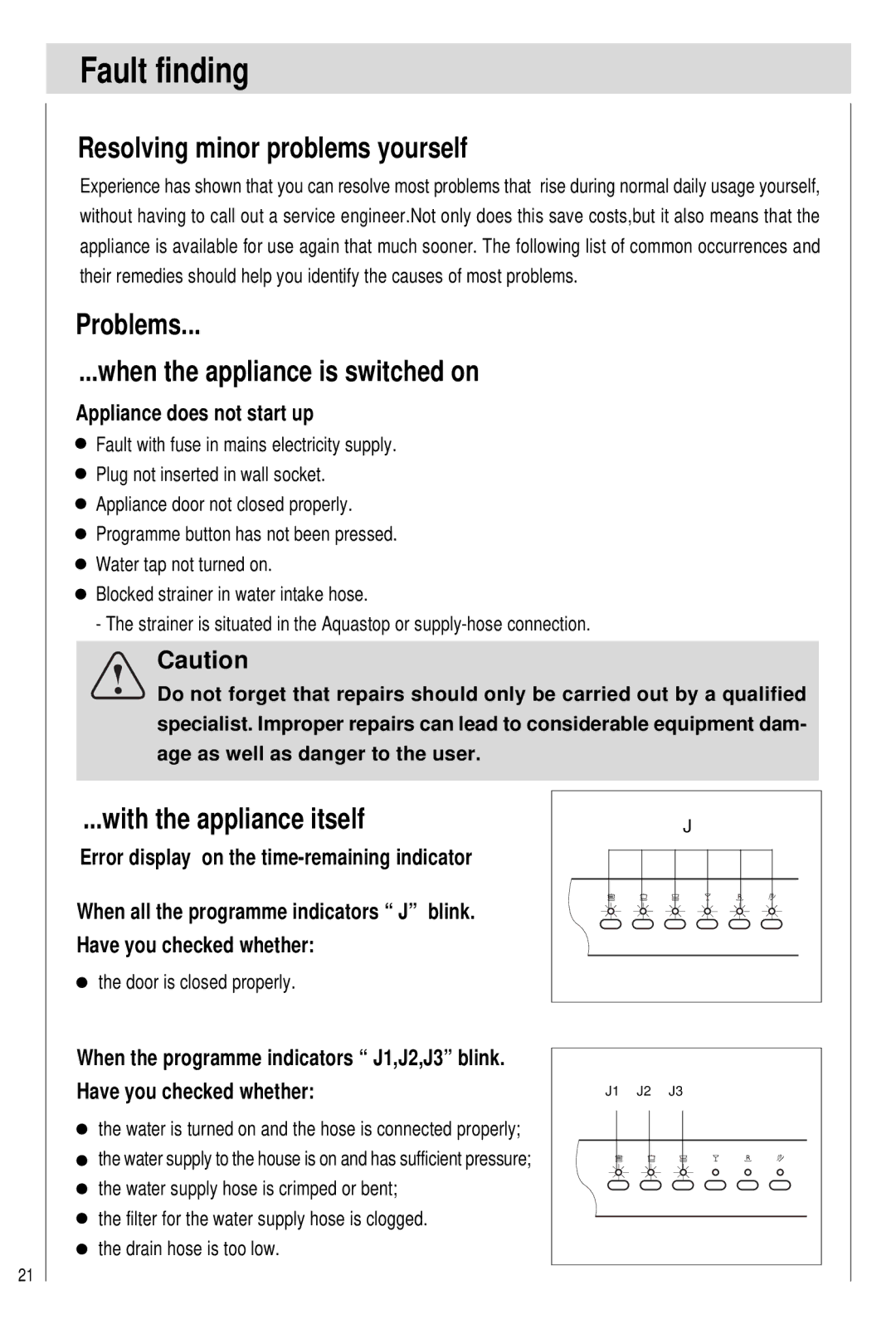 Haier DW12-PFE2-U manual Fault finding, Resolving minor problems yourself, Problems When the appliance is switched on 