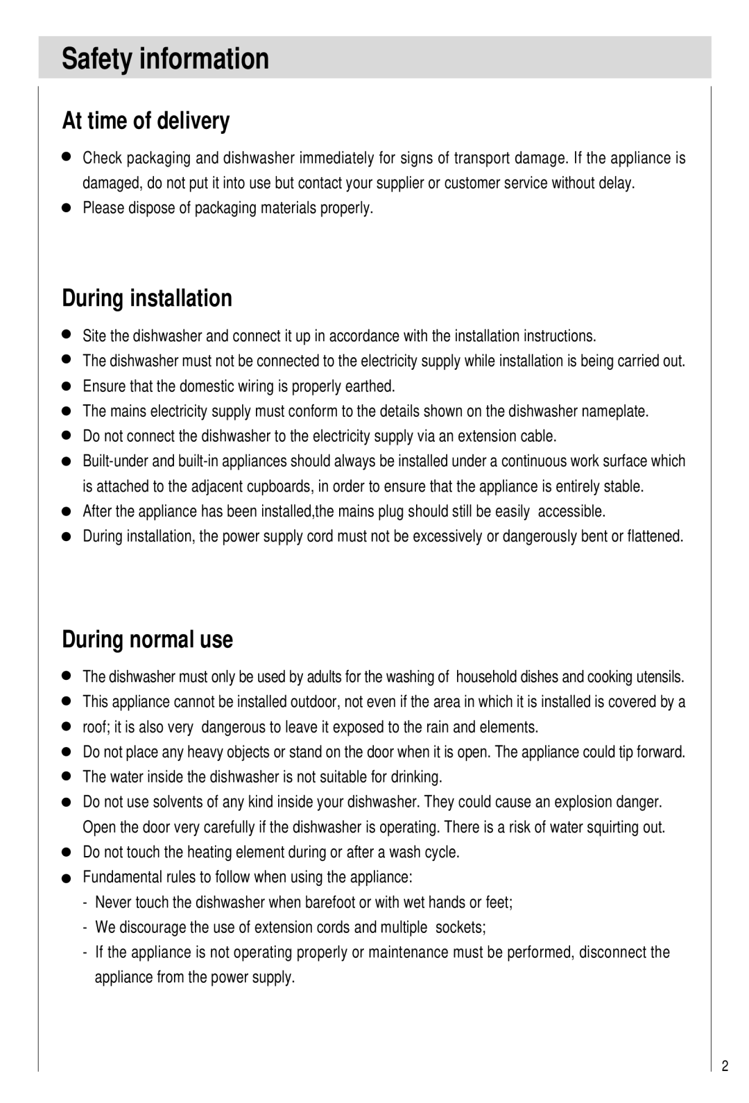 Haier DW12-PFE2ME-U, DW12-PFE2-U manual Safety information, At time of delivery, During installation, During normal use 