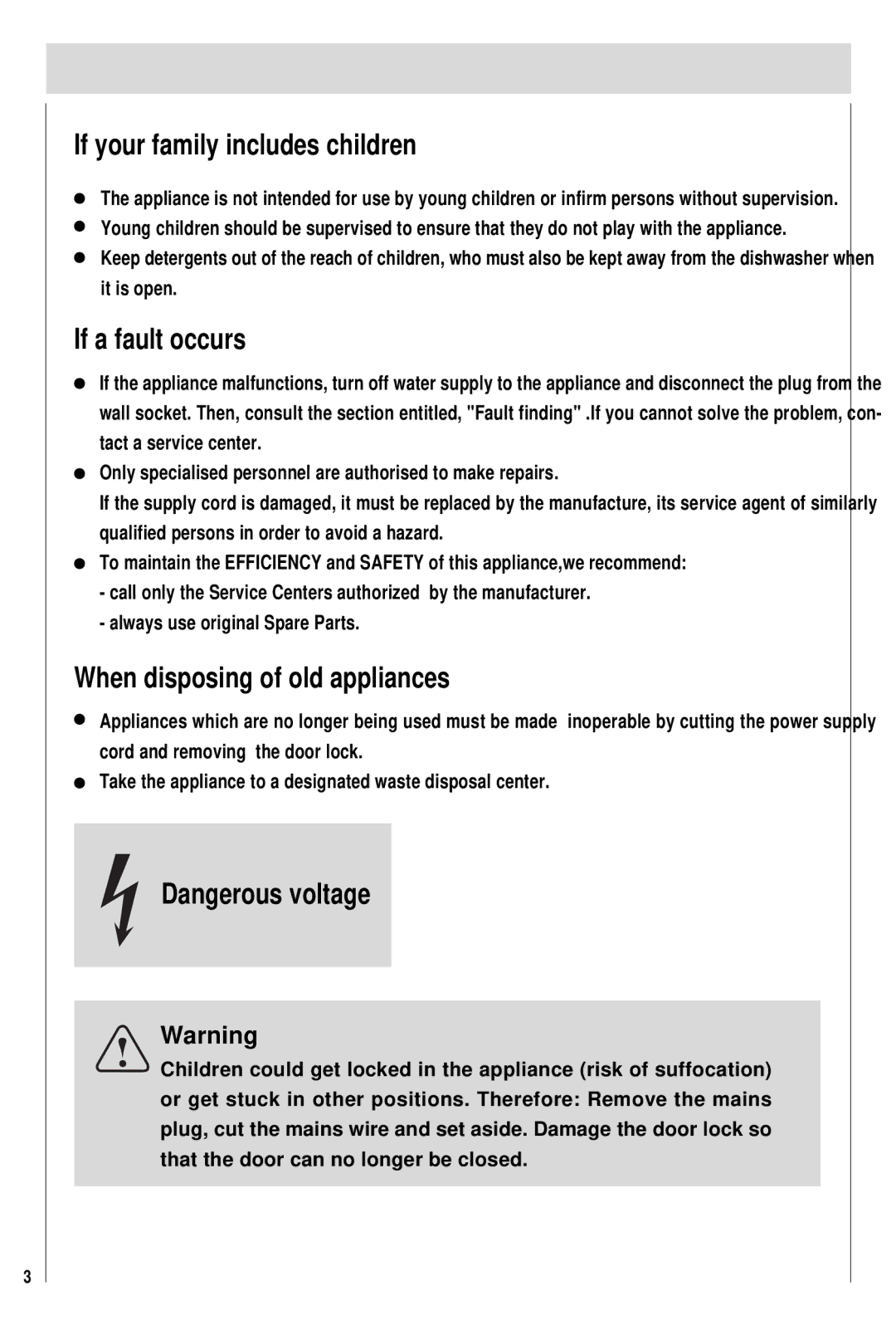 Haier DW12-PFE2-U, DW12-PFE2ME-U If your family includes children, If a fault occurs, When disposing of old appliances 