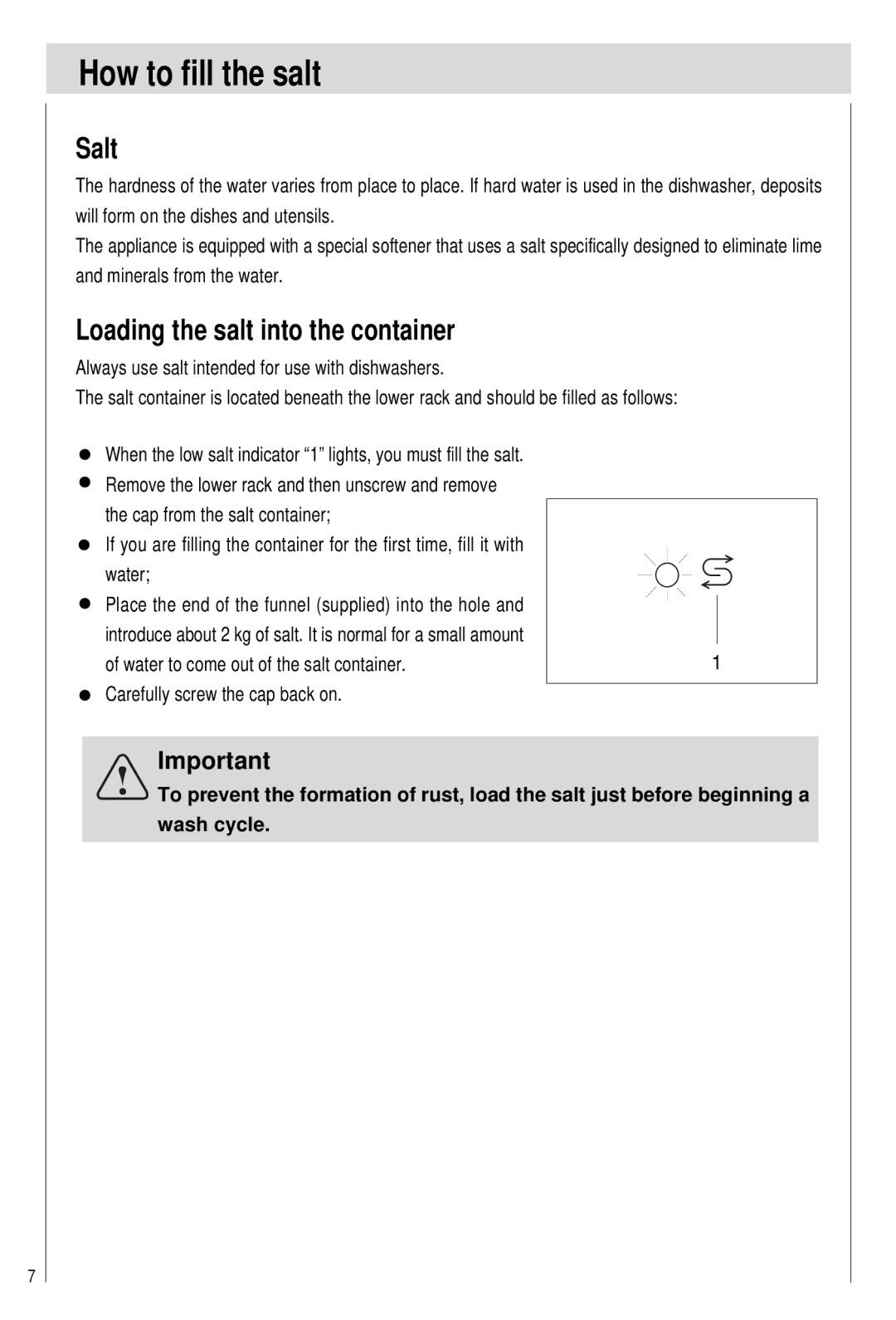 Haier DW12-PFE2-U, DW12-PFE2ME-U manual How to fill the salt, Salt, Loading the salt into the container 