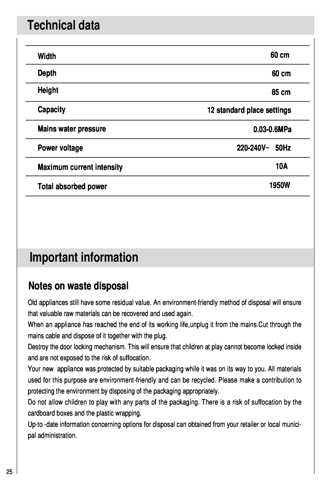 Haier DW12-PFE2-U manual Technical data, Important information, Notes on waste disposal, Width, 60 cm, Depth, Height, 85 cm 