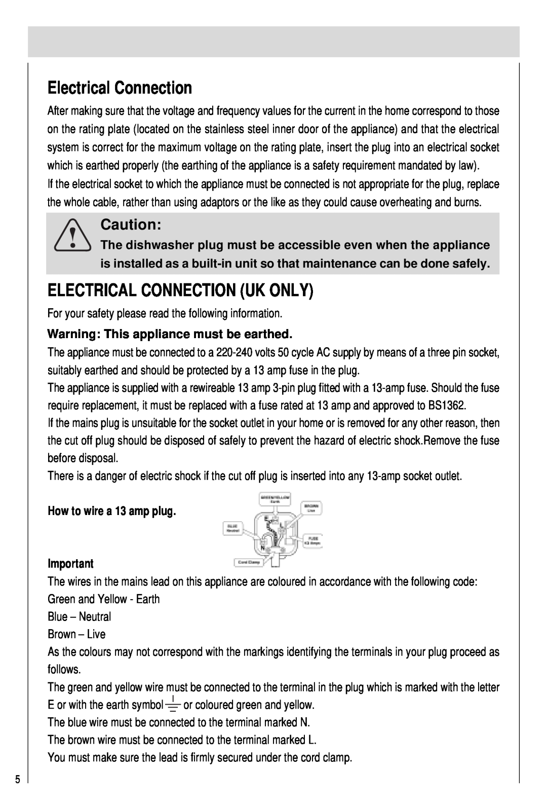 Haier DW12-PFE2-U manual Electrical Connection Uk Only, The dishwasher plug must be accessible even when the appliance 