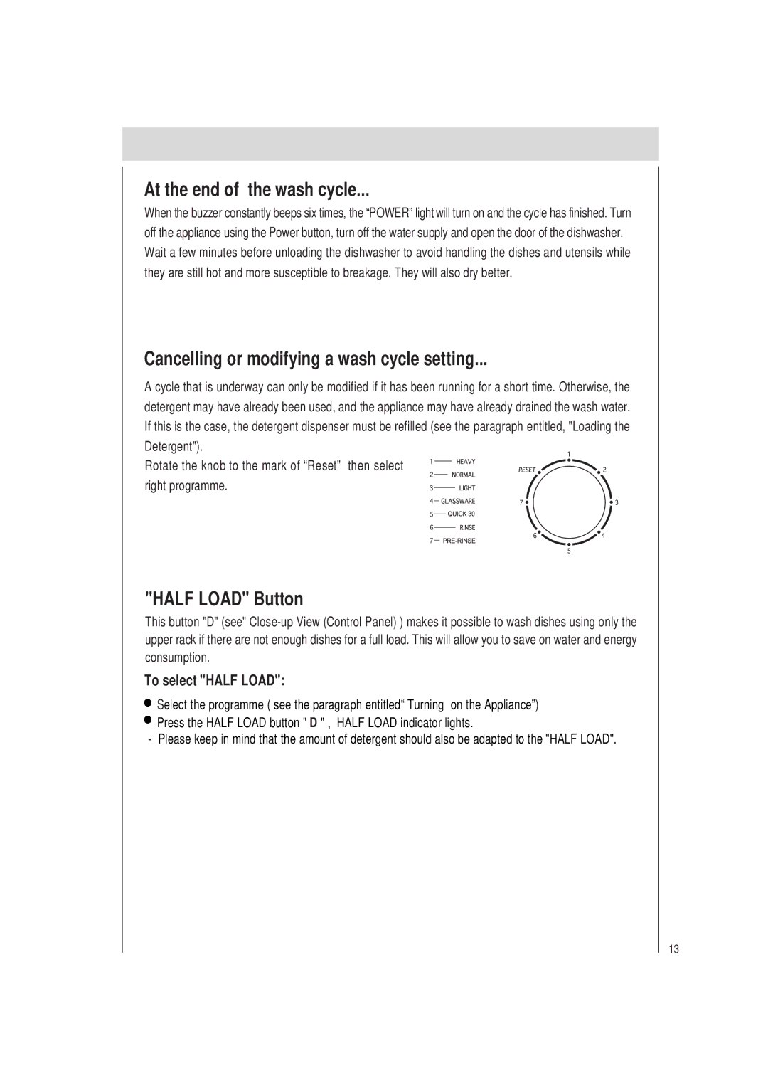 Haier DW12-TFE4SS manual At the end of the wash cycle, Cancelling or modifying a wash cycle setting, Half Load Button 