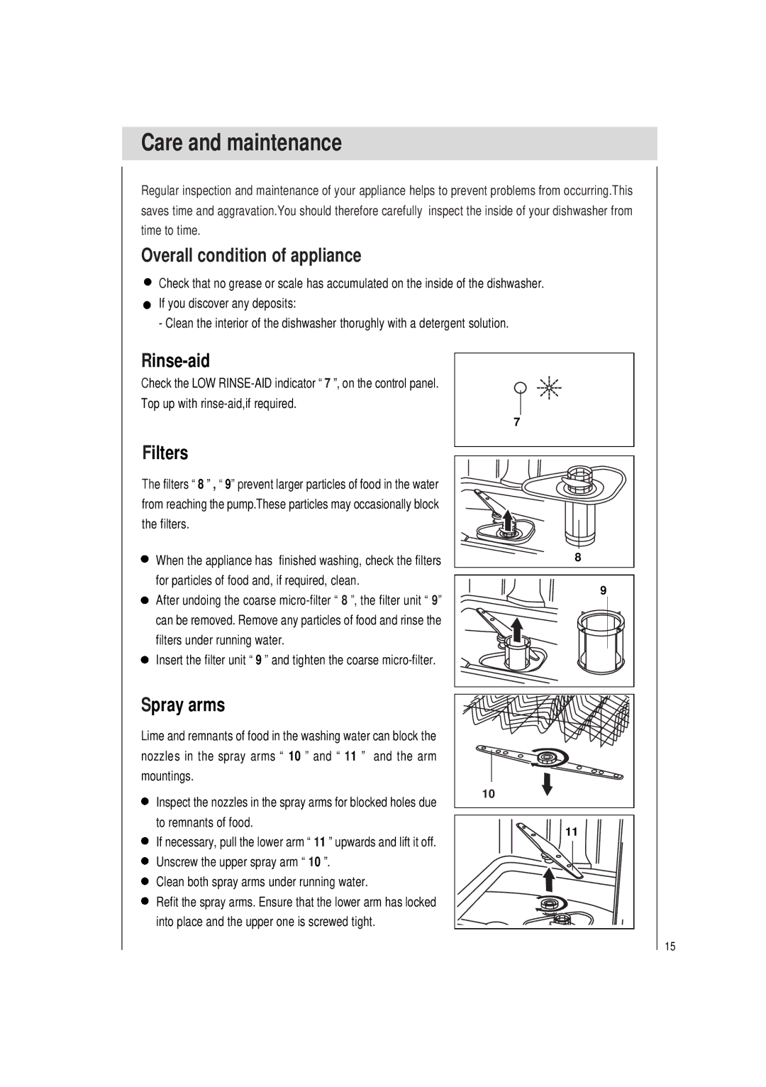 Haier DW12-TFE4SS, DW12-TFE4WH manual Care and maintenance, Overall condition of appliance, Rinse-aid, Filters, Spray arms 