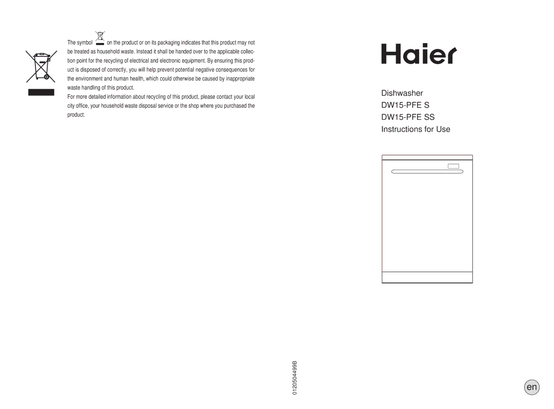 Haier manual DW15-PFE S DW15-PFE SS 