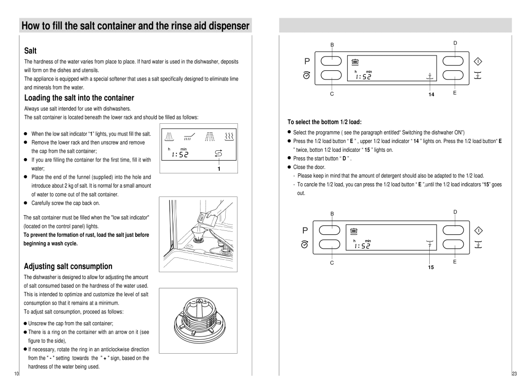 Haier DW15-PFE S Salt, Loading the salt into the container, Adjusting salt consumption, To select the bottom 1/2 load 