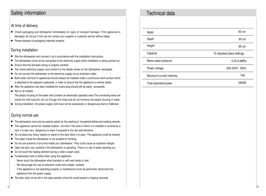 Haier DW15-PFE S manual Safety information, Technical data, At time of delivery, During installation, During normal use 