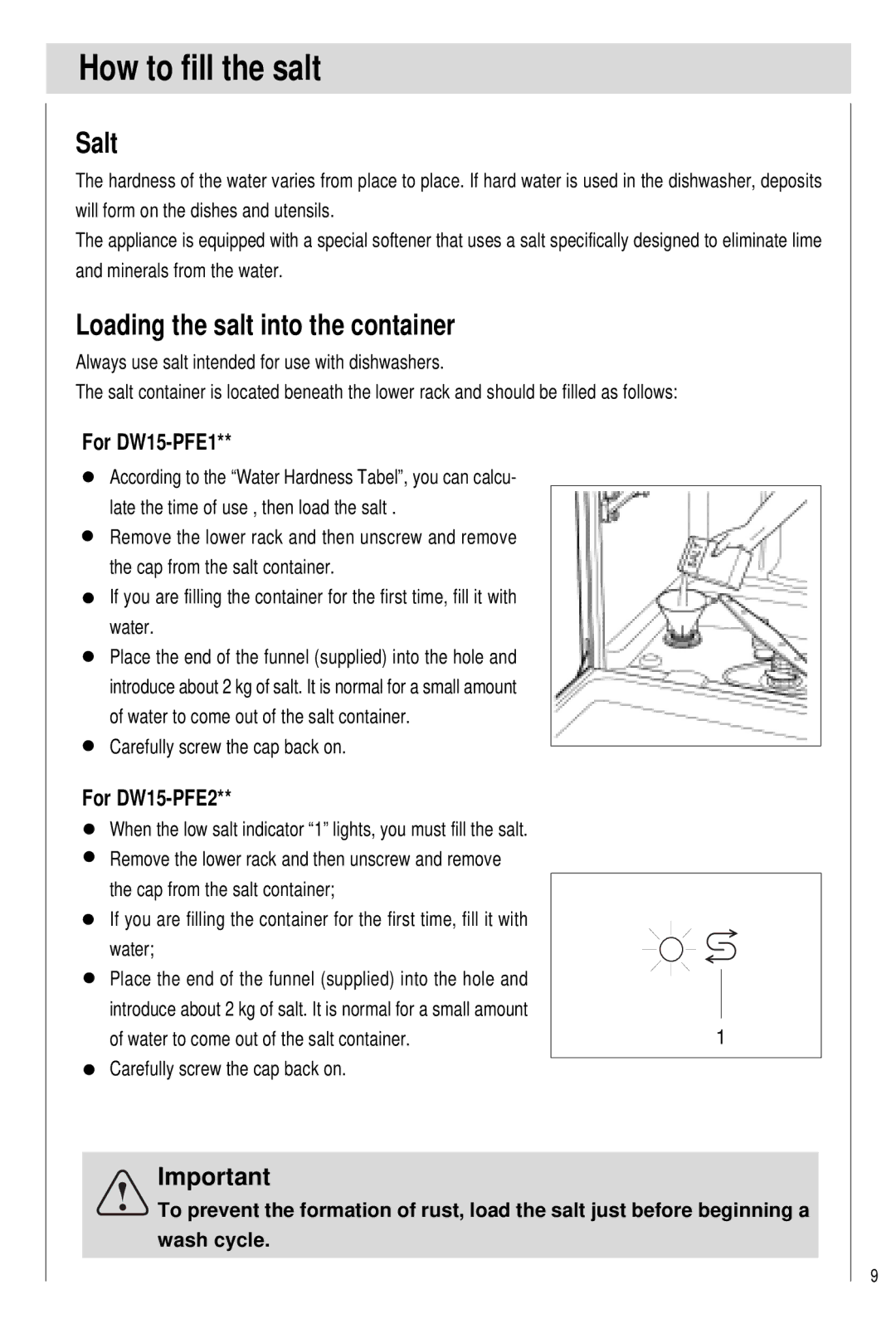 Haier manual How to fill the salt, Salt, Loading the salt into the container, For DW15-PFE1, For DW15-PFE2 