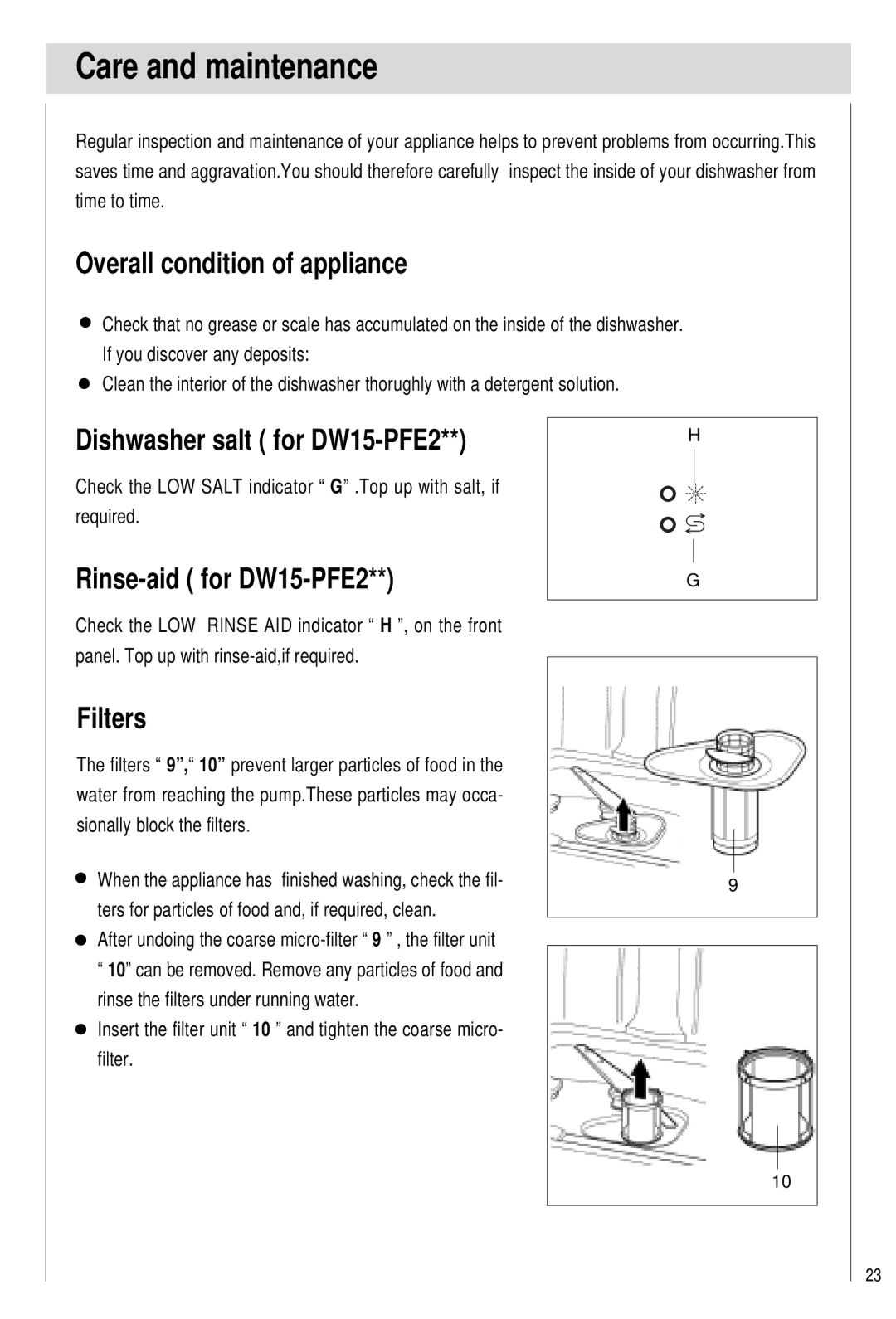 Haier DW15-PFE1 manual Care and maintenance, Overall condition of appliance, Dishwasher salt for DW15-PFE2, Filters 