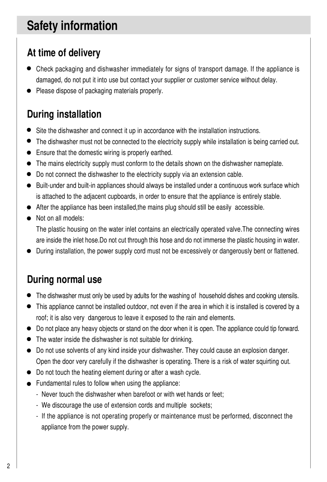 Haier DW15-PFE2, DW15-PFE1 manual Safety information, At time of delivery, During installation, During normal use 