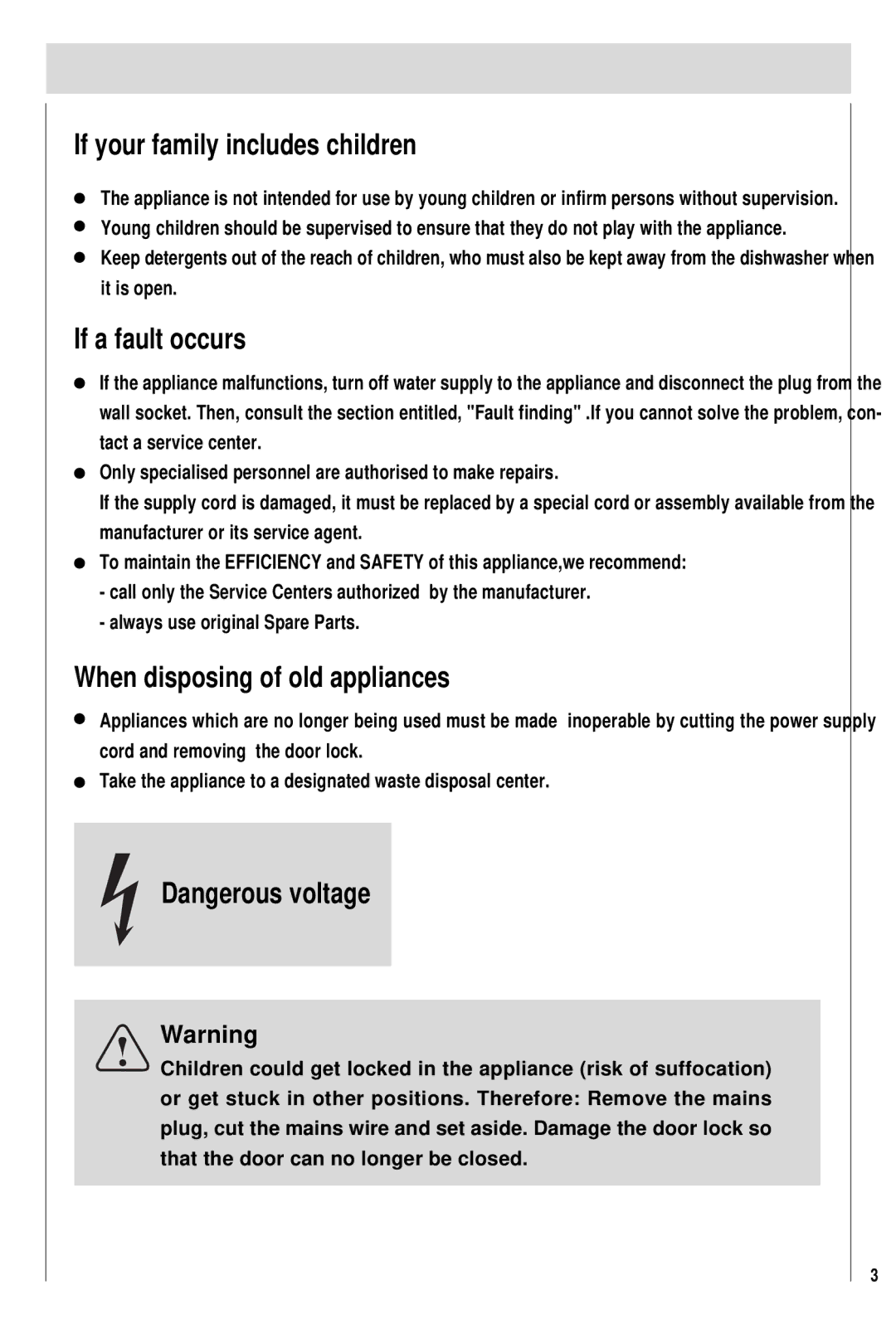 Haier DW15-PFE1, DW15-PFE2 manual If your family includes children, If a fault occurs, When disposing of old appliances 