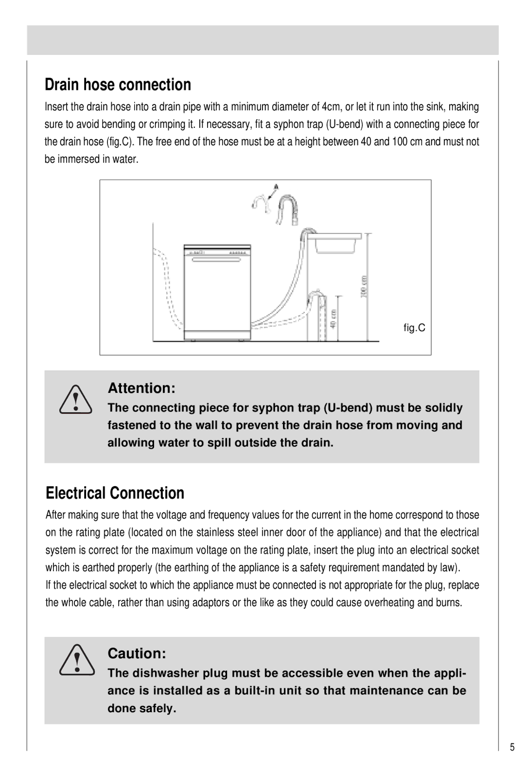 Haier DW15-PFE1, DW15-PFE2 manual Drain hose connection, Electrical Connection 