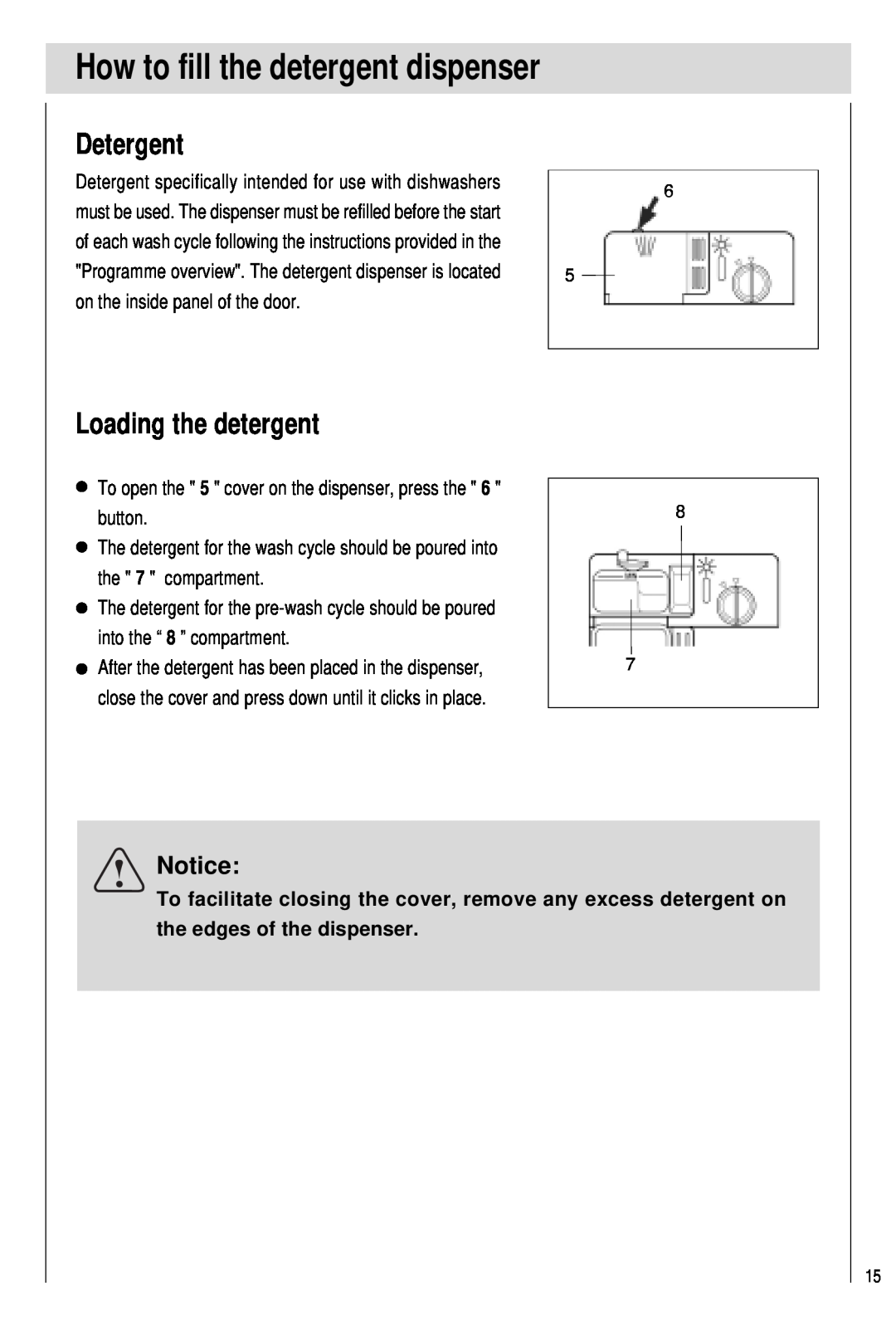 Haier DW15-PFE1, DW15-PFE2 manual How to fill the detergent dispenser, Detergent, Loading the detergent, Notice 