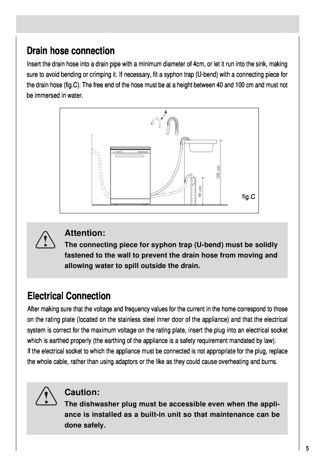 Haier DW15-PFE1, DW15-PFE2 manual Drain hose connection, Electrical Connection, fig.C 