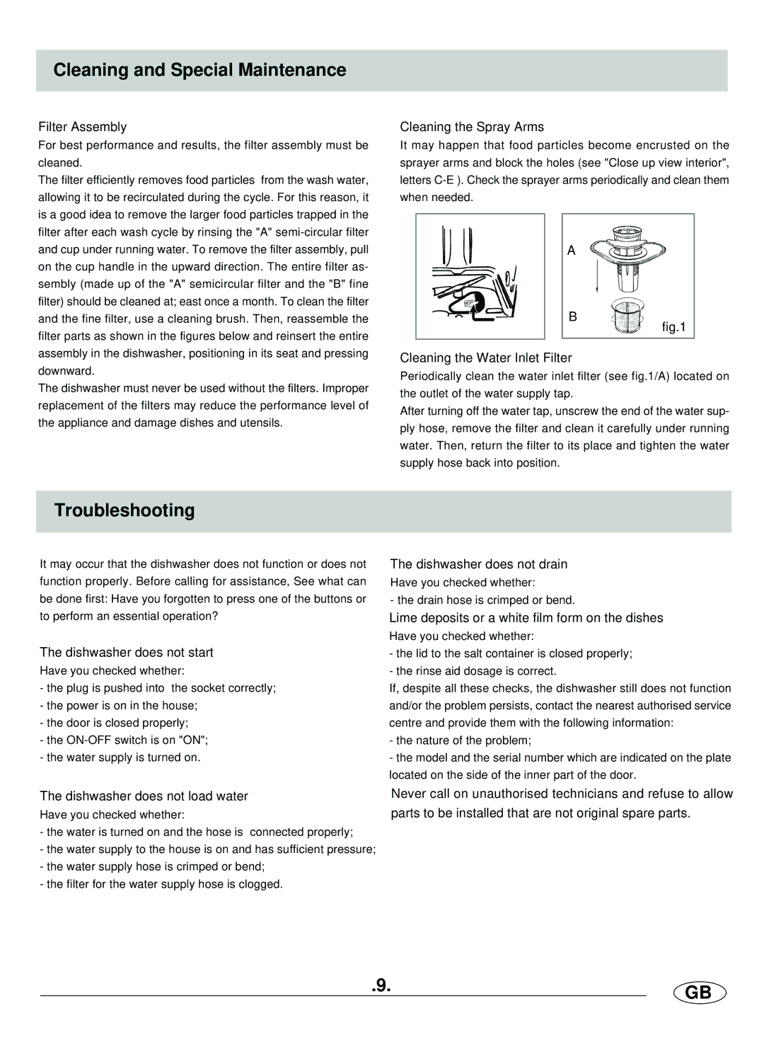 Haier DW9-AFE ME manual Cleaning and Special Maintenance, Troubleshooting 