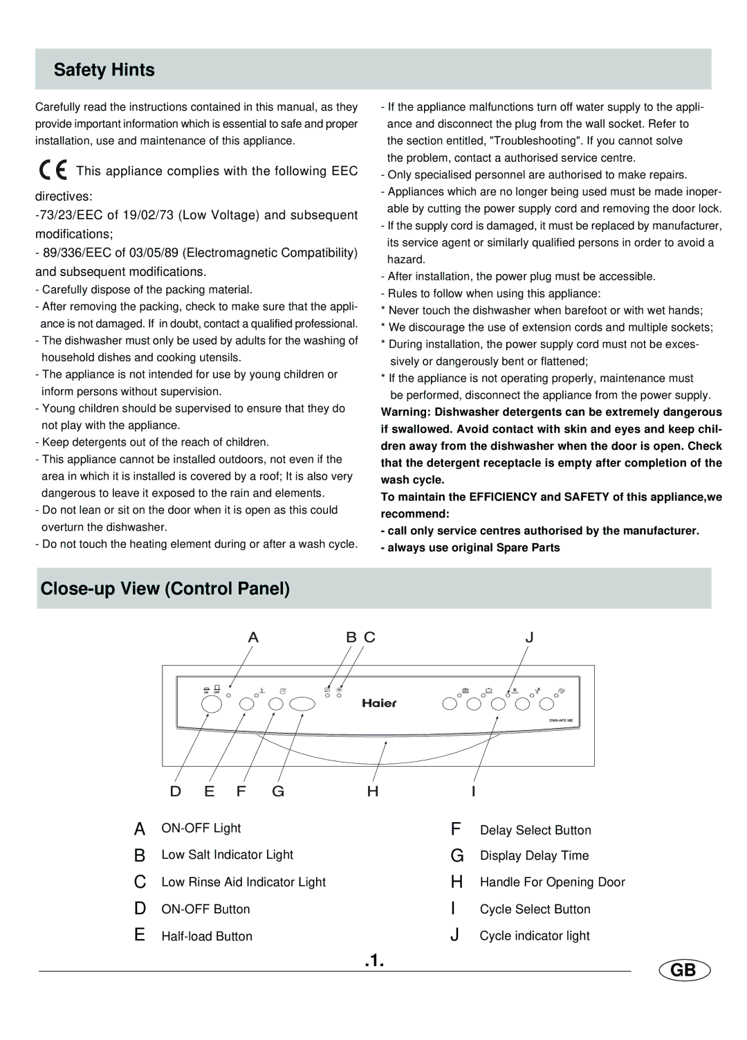 Haier DW9-AFE ME manual Safety Hints, Close-up View Control Panel 