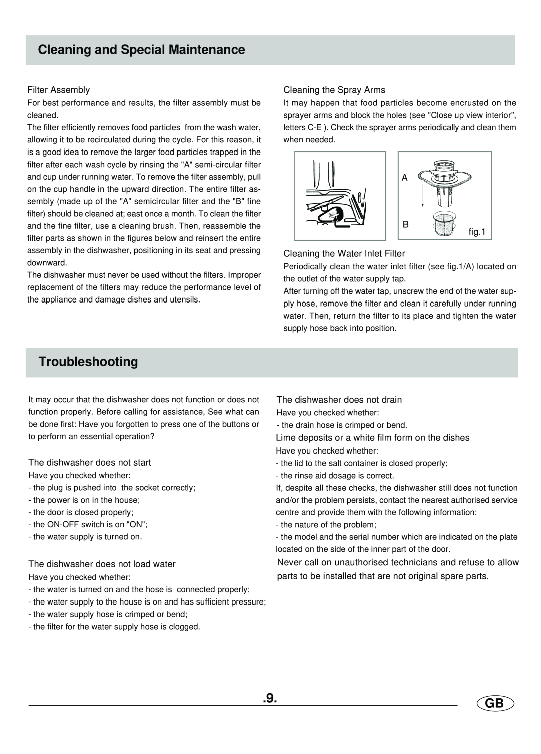 Haier DW9-AFE ME manual Cleaning and Special Maintenance, Troubleshooting, 9.GB, Filter Assembly, Cleaning the Spray Arms 