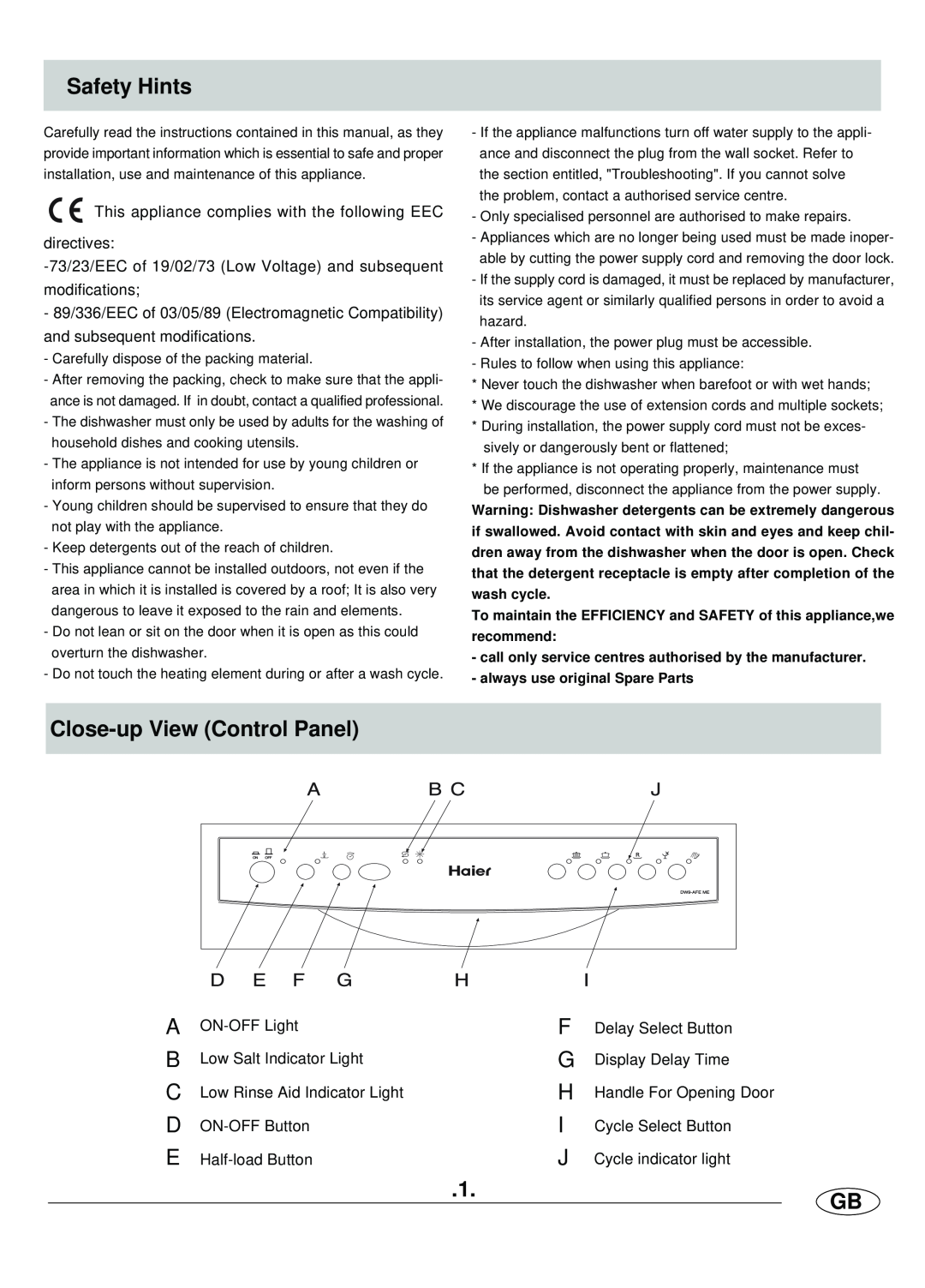 Haier DW9-AFE ME manual Safety Hints, Close-upView Control Panel 