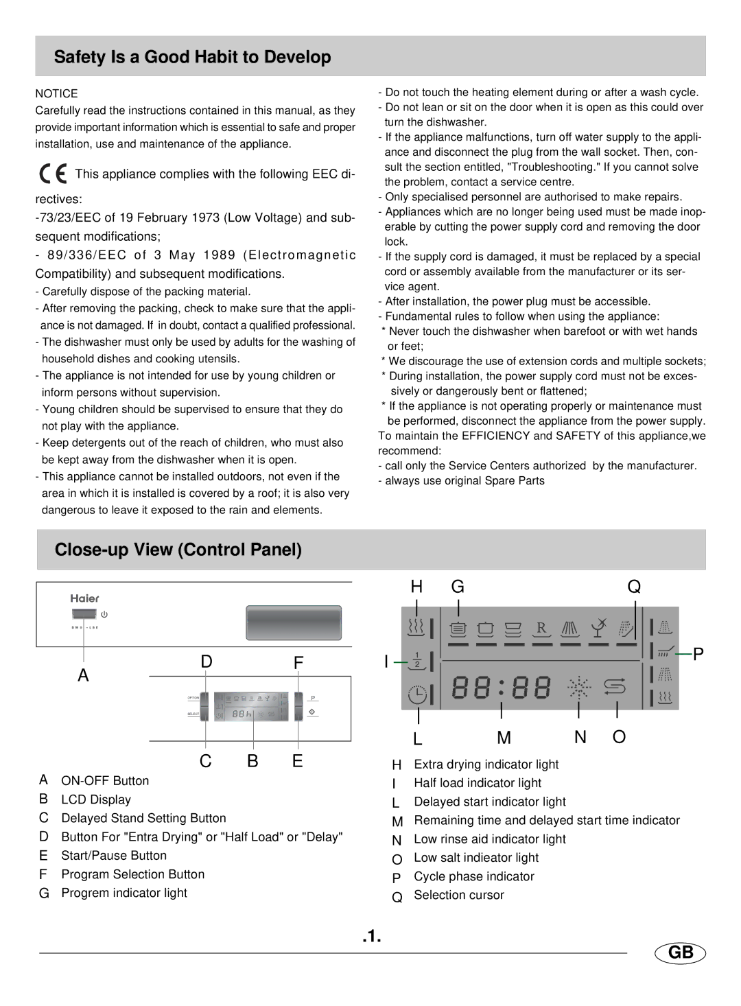 Haier DW9-LBE manual Safety Is a Good Habit to Develop, Close-up View Control Panel 