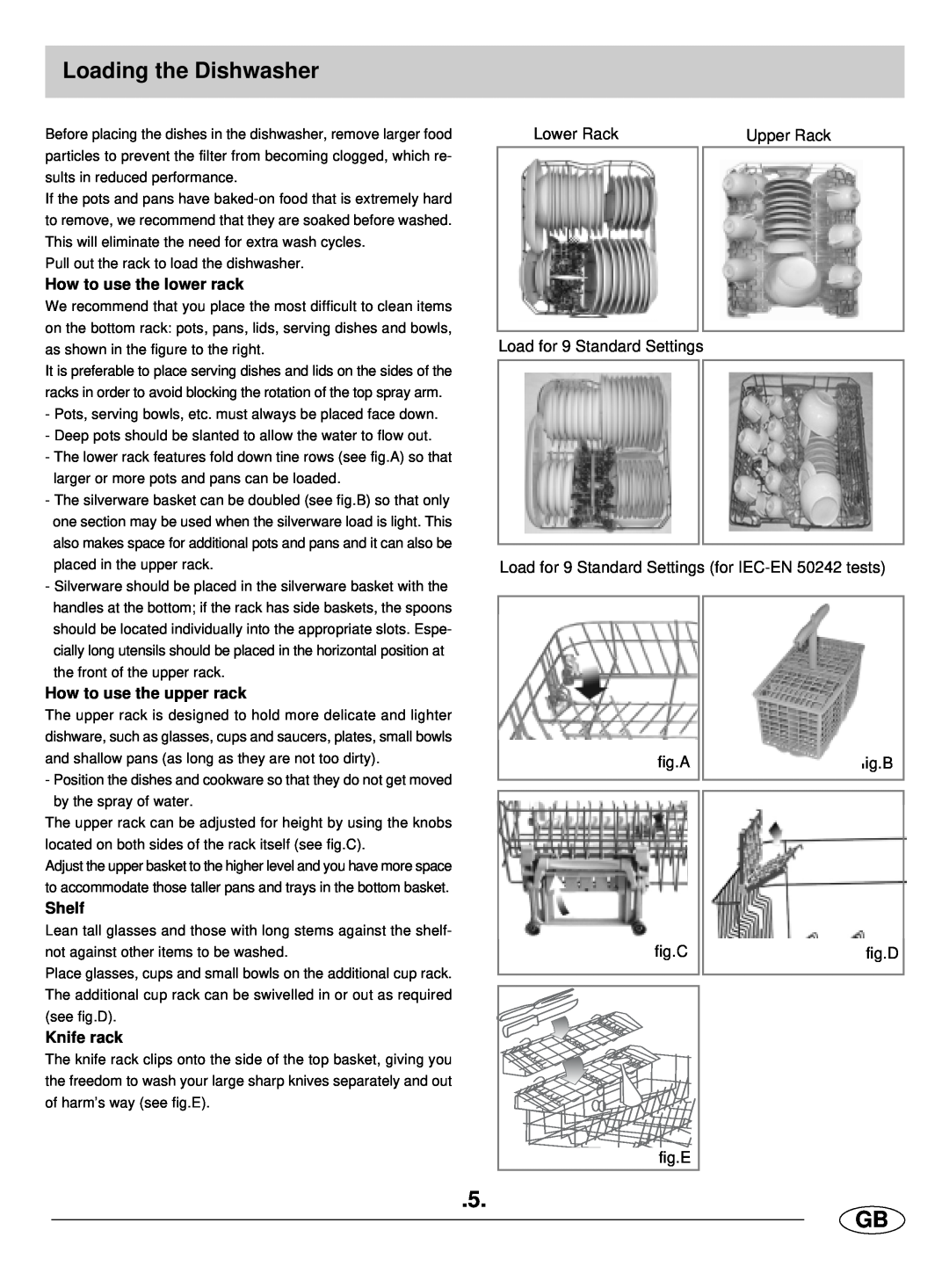 Haier DW9-LBE manual Loading the Dishwasher, 5 GB, How to use the lower rack, How to use the upper rack, Shelf, Knife rack 