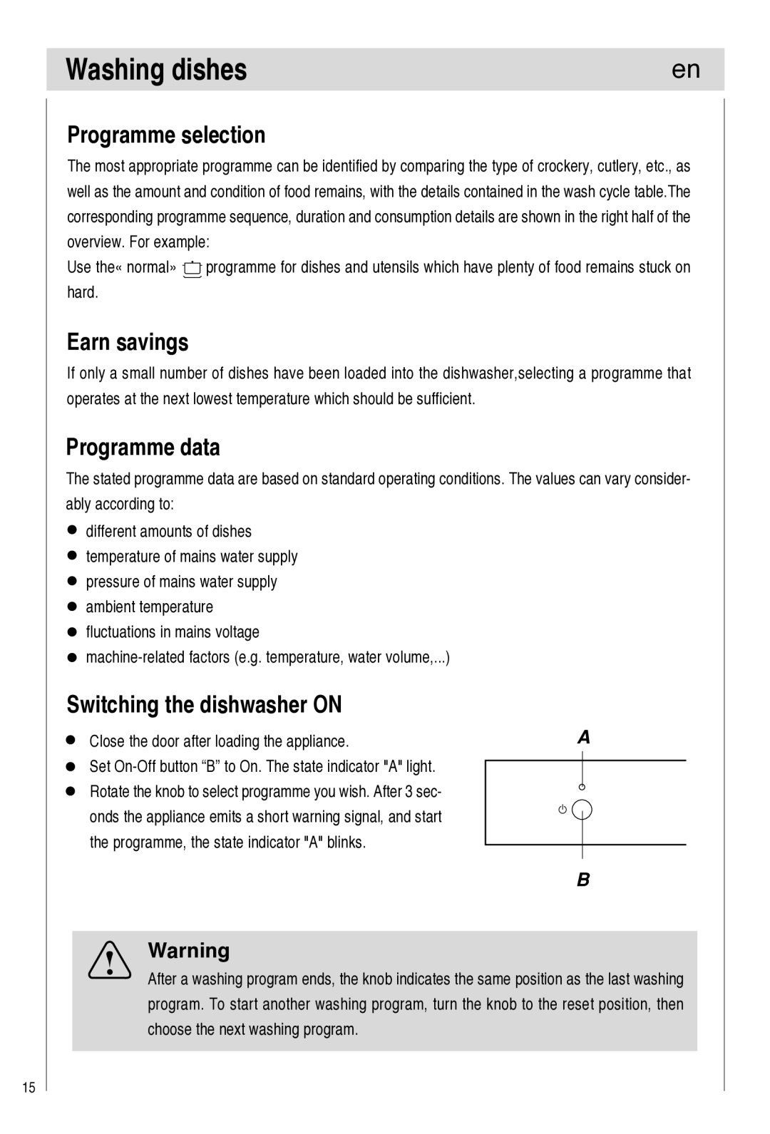 Haier DW9-TFE1 Washing dishes, Programme selection, Earn savings, Programme data, Switching the dishwasher on 