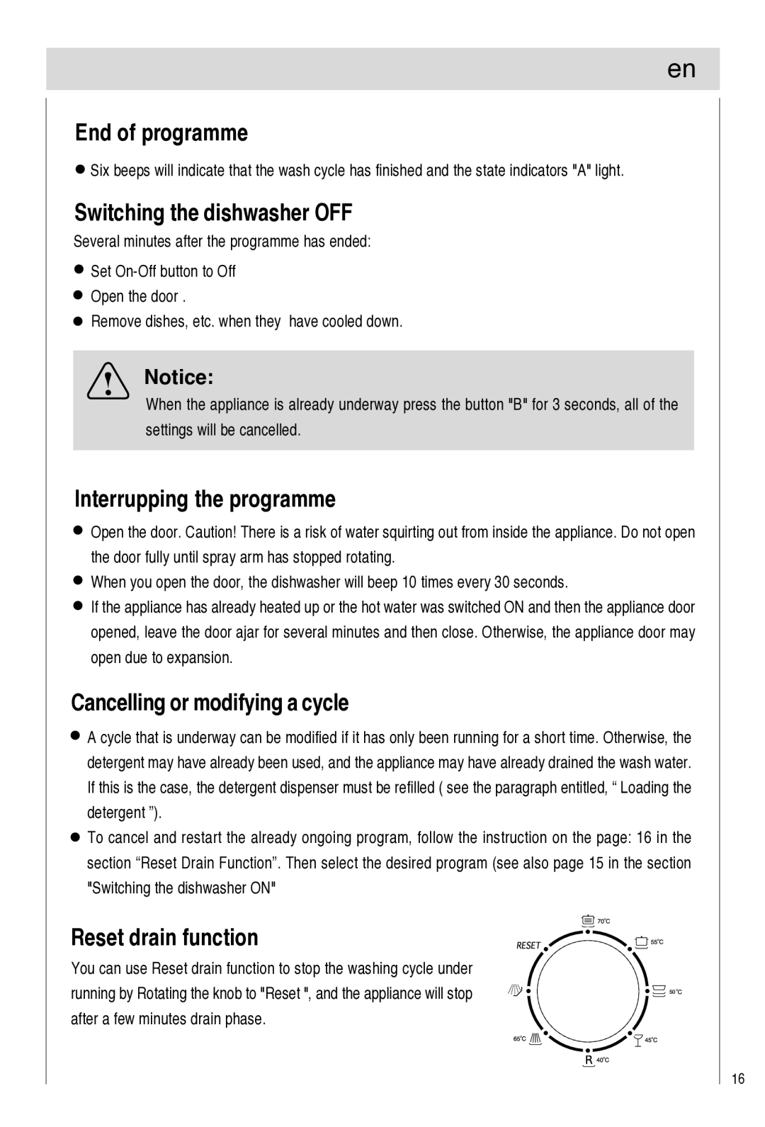 Haier DW9-TFE1 End of programme, Switching the dishwasher OFF, Interrupping the programme, Cancelling or modifying a cycle 