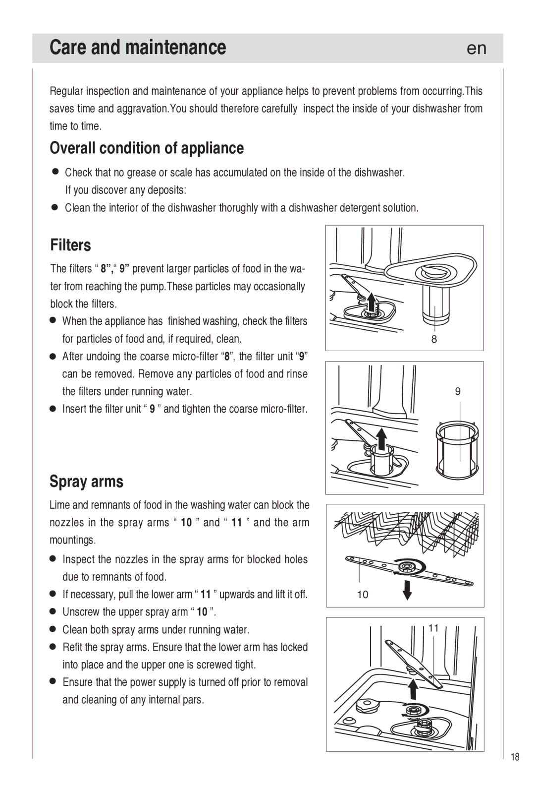 Haier DW9-TFE1 operation manual Care and maintenance, Overall condition of appliance, Filters, Spray arms 