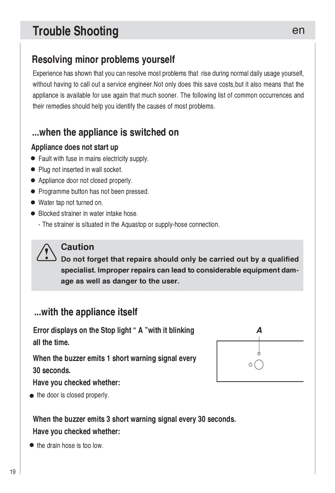 Haier DW9-TFE1 operation manual Trouble Shooting, Resolving minor problems yourself, When the appliance is switched on 