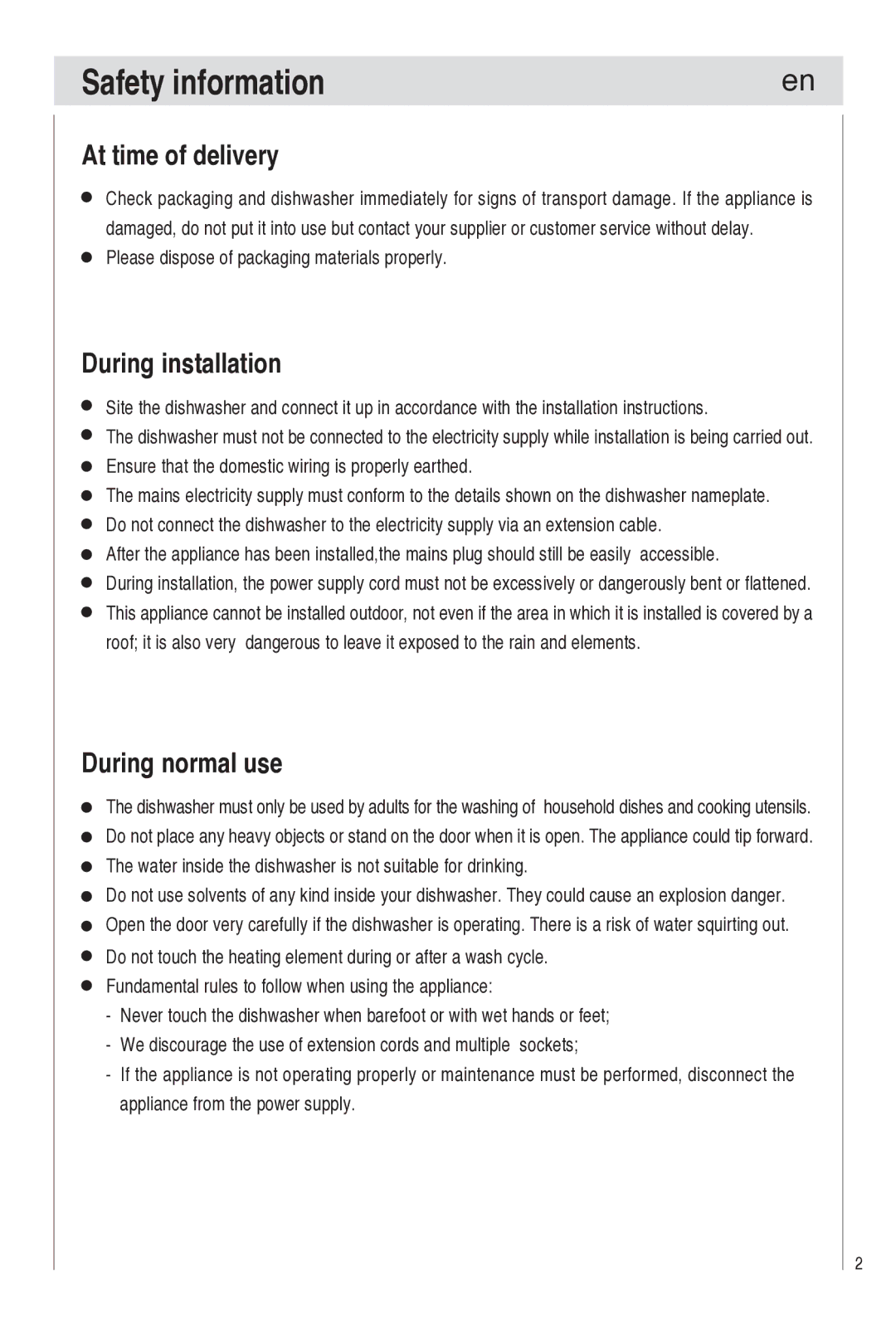 Haier DW9-TFE1 operation manual Safety information, At time of delivery, During installation, During normal use 