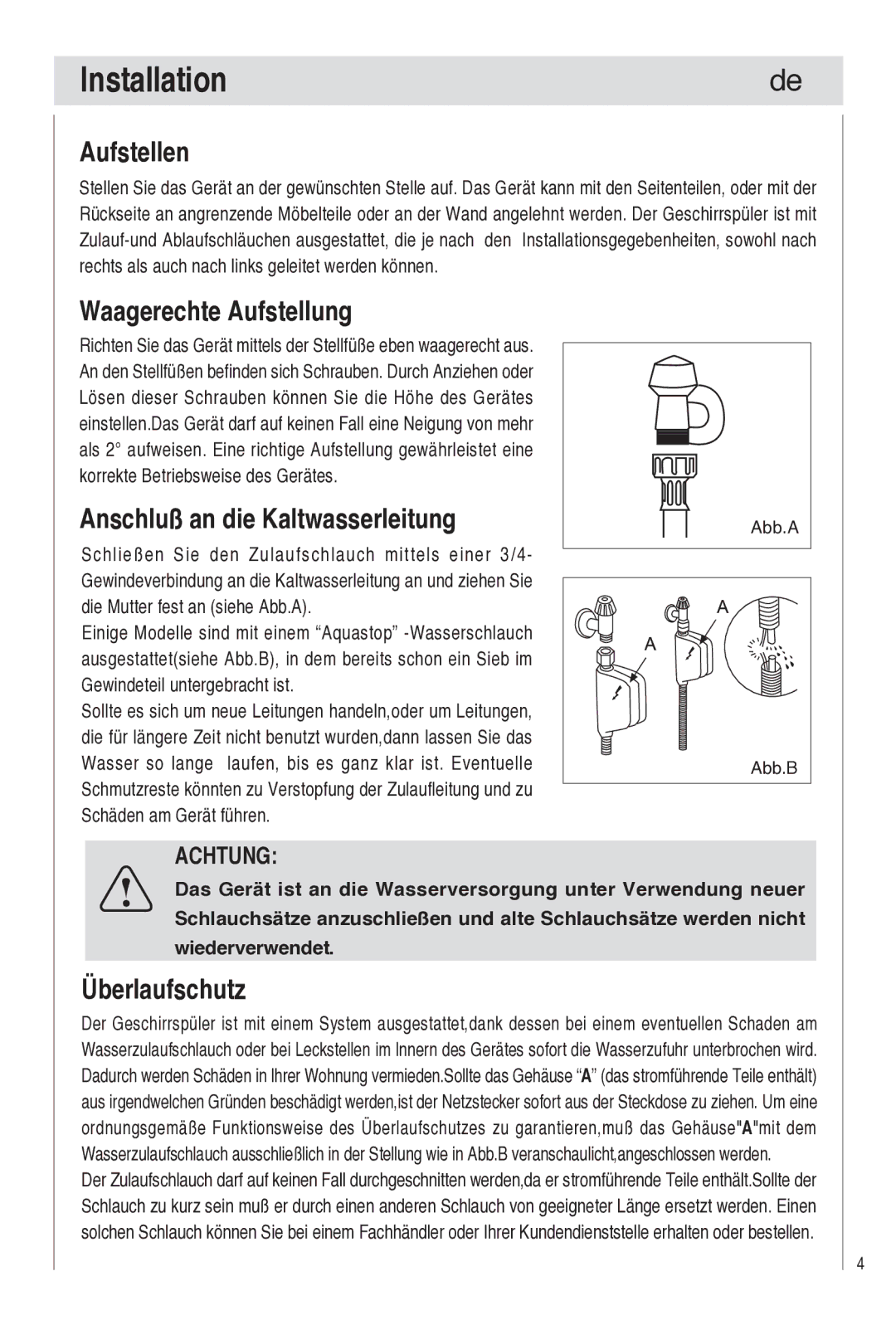 Haier DW9-TFE1 operation manual Aufstellen, Waagerechte Aufstellung, Anschluß an die Kaltwasserleitung, Überlaufschutz 